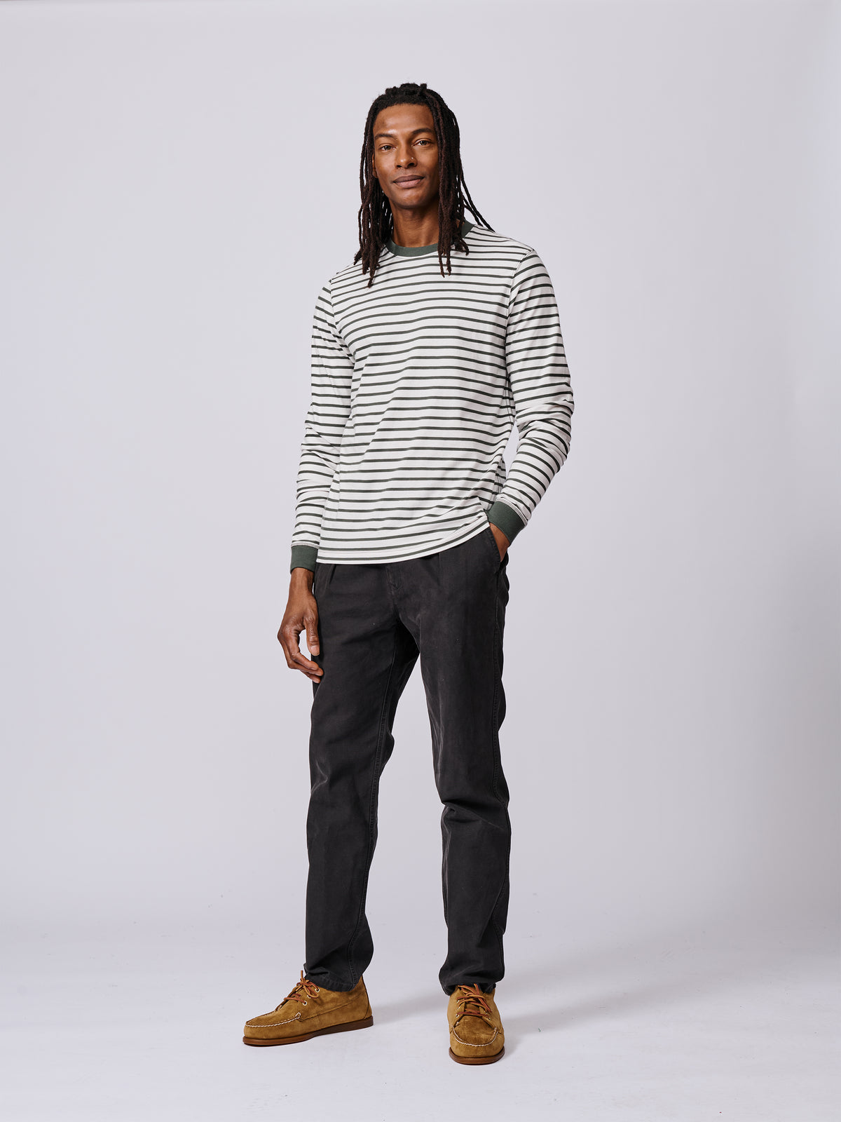 Aubin Khaki/Ecru Stripe Ferriby Long Sleeve T-Shirt | Long Sleeve Tee