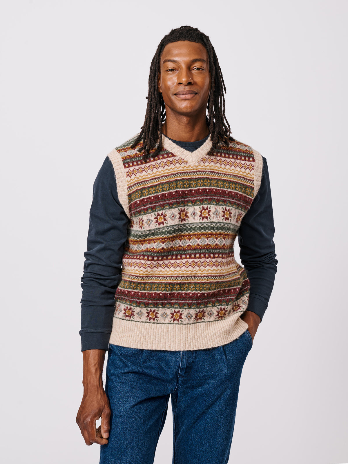 Aubin Ecru/Red Mix Fairisle Shetland Slipover | Slipover