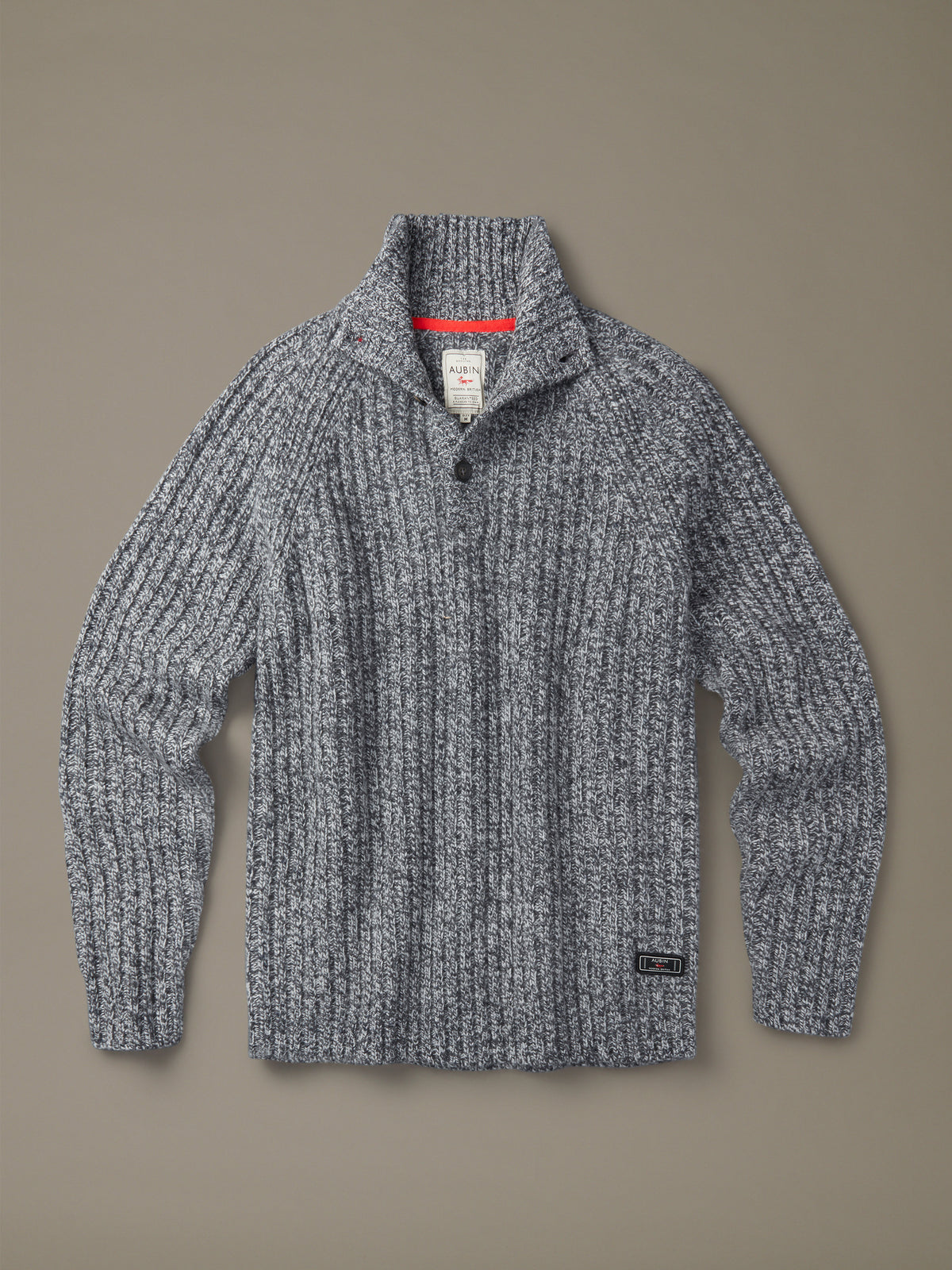 Aubin Grey Twist Farnham Fisherman Rib Button Neck Jumper | Button Neck