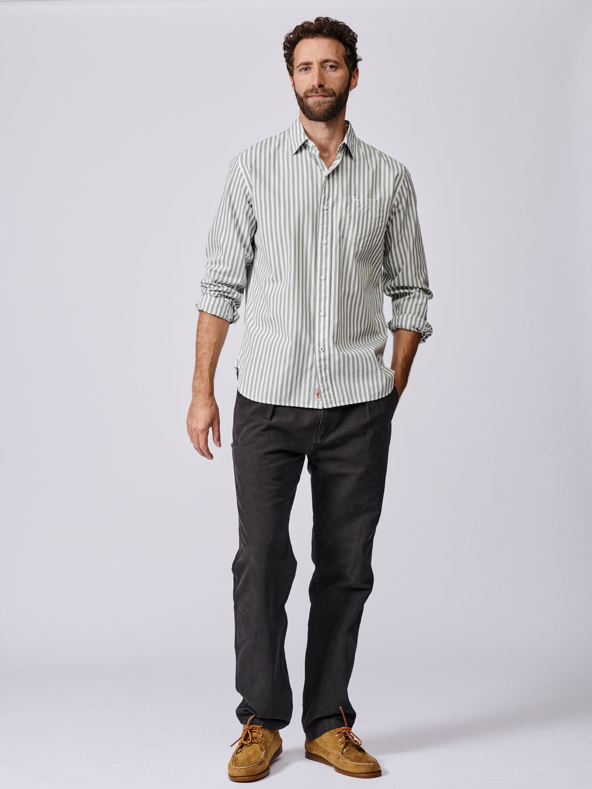Aubin Thick Khaki Stripe Gladstone Poplin Shirt | Poplin Shirt