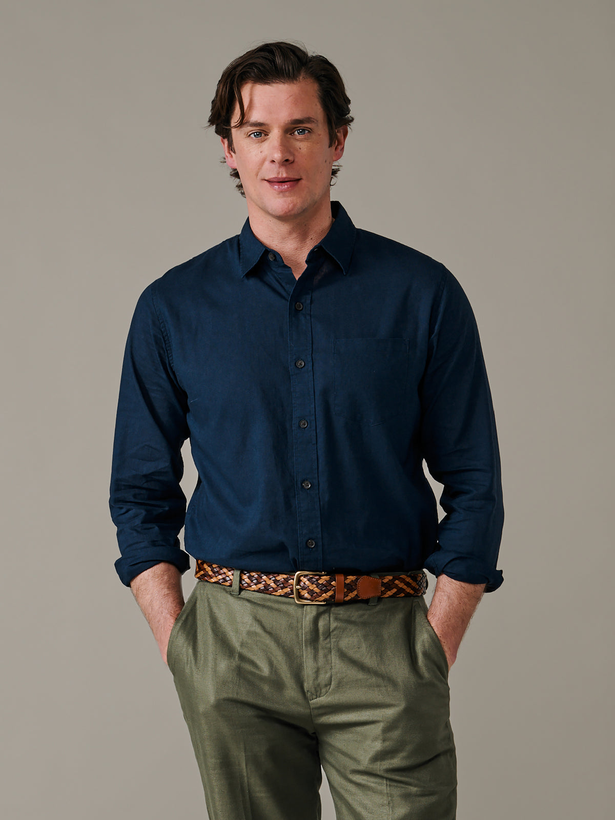 Aubin Navy Grainsby Linen Cotton Shirt | Linen Shirt