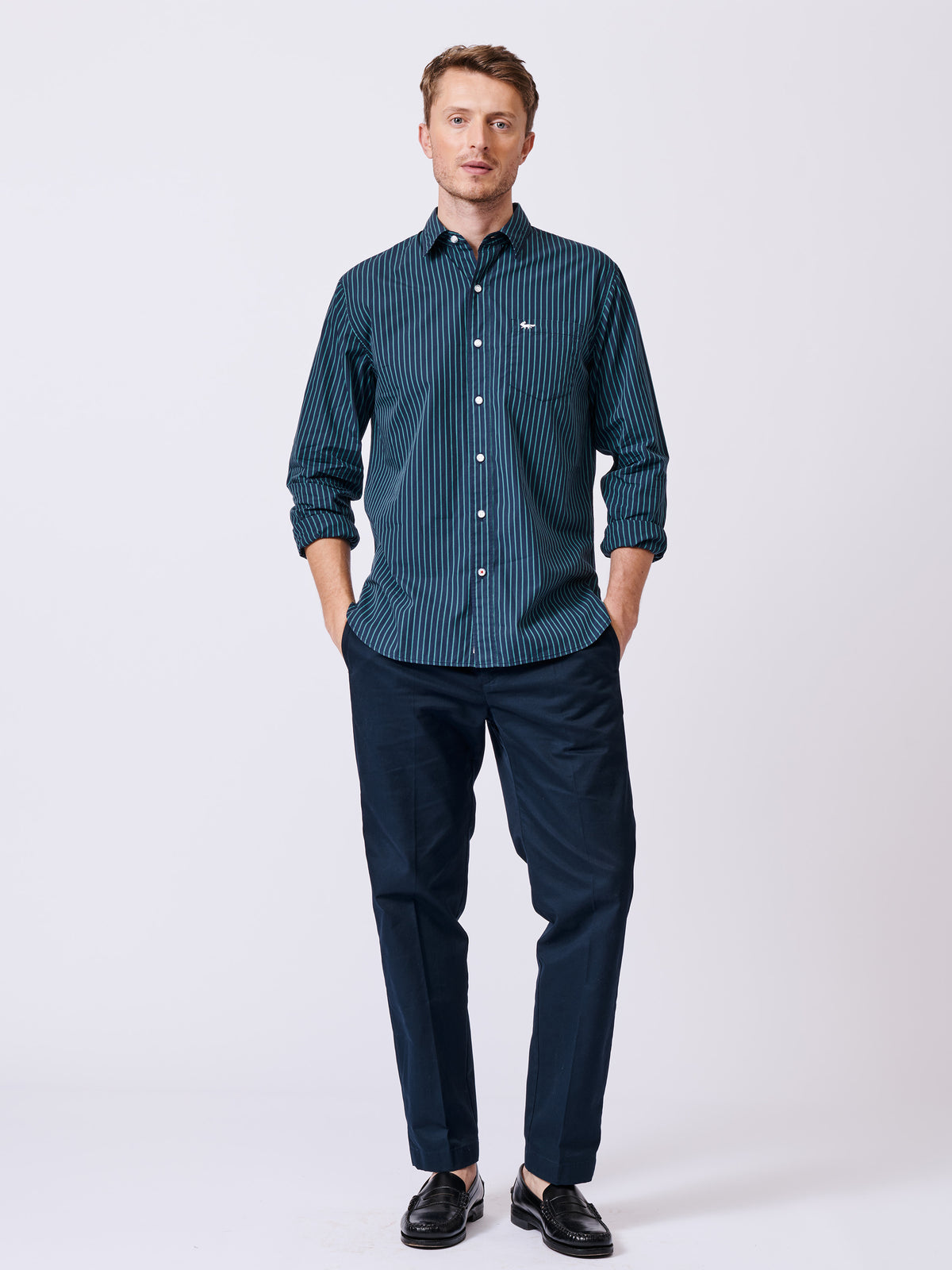 Aubin Navy Stripe Gladstone Poplin Shirt | Poplin Shirt
