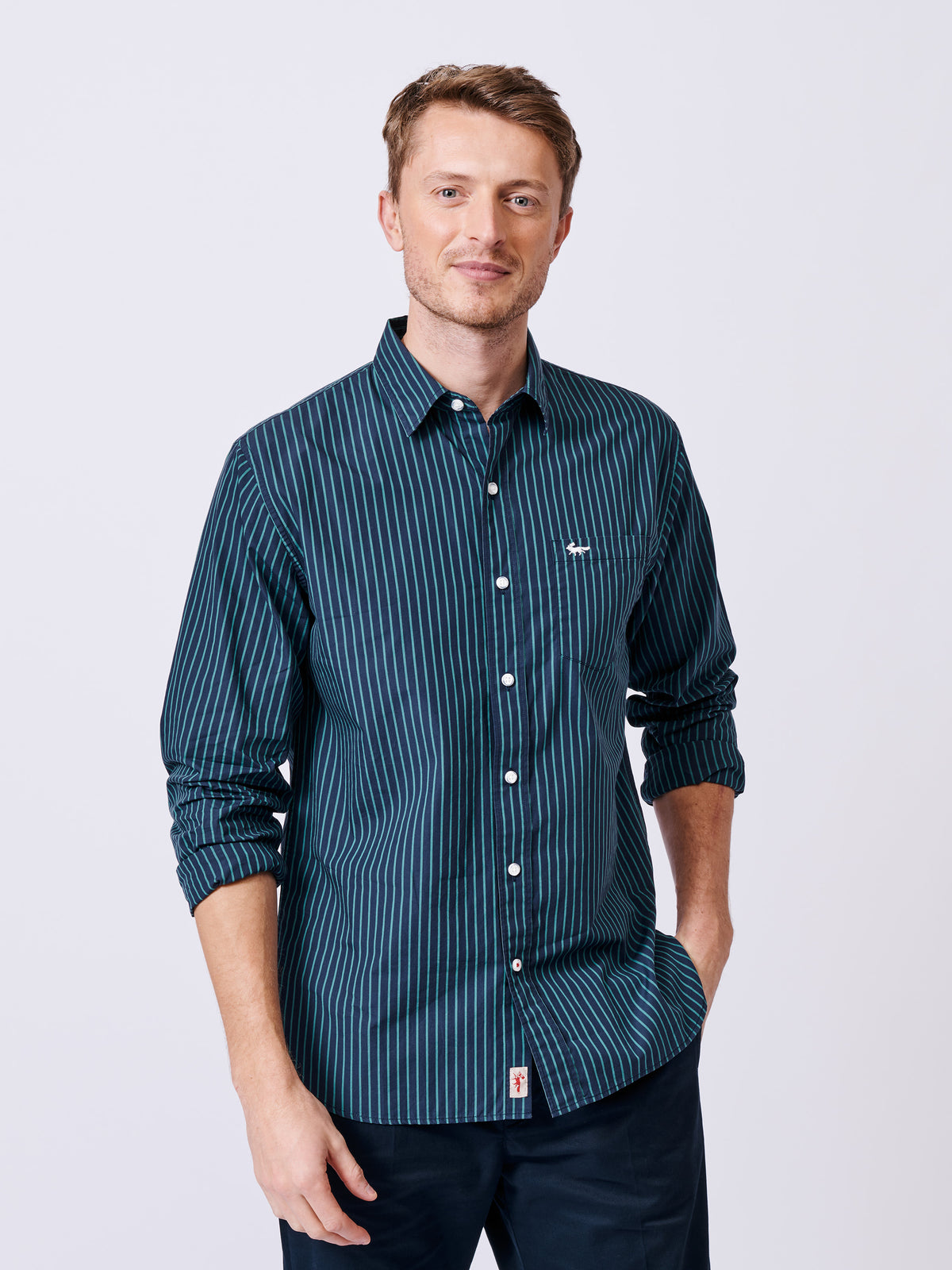 Aubin Navy Stripe Gladstone Poplin Shirt | Poplin Shirt