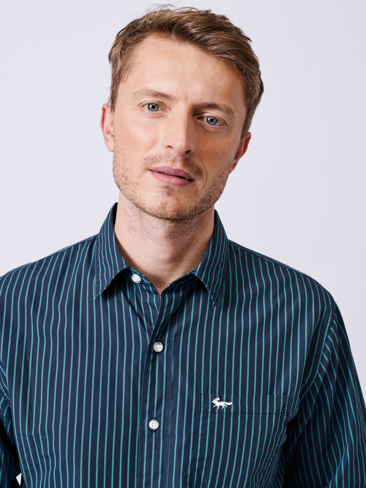 Aubin Navy Stripe Gladstone Poplin Shirt | Poplin Shirt