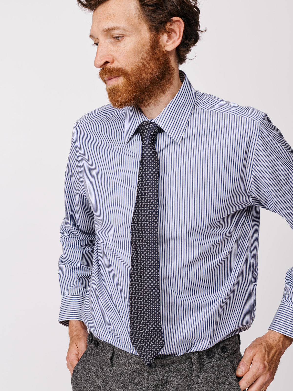 Aubin Dark Blue Stripe Hardy Cut Away Collar Shirt | Formal Shirt
