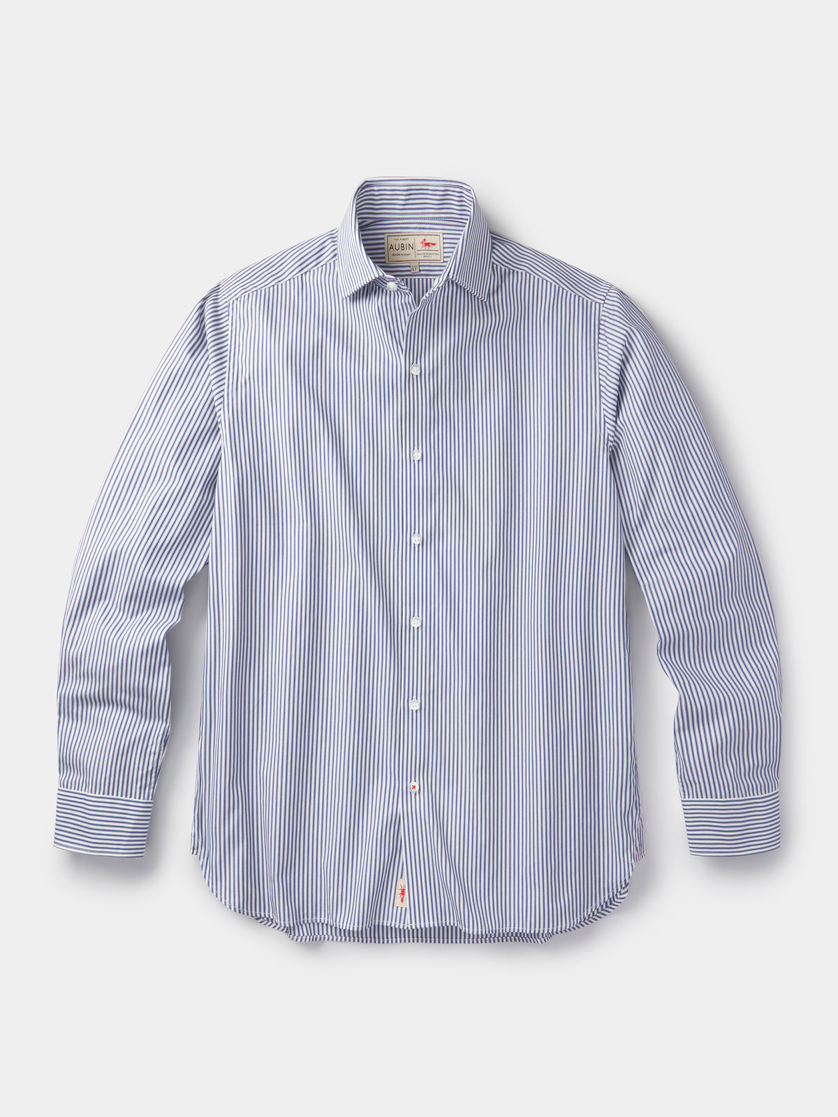 Aubin Hardy Cut Away Collar Shirt in Dark Blue Stripe, styled as part of the Shirt & Tie Set