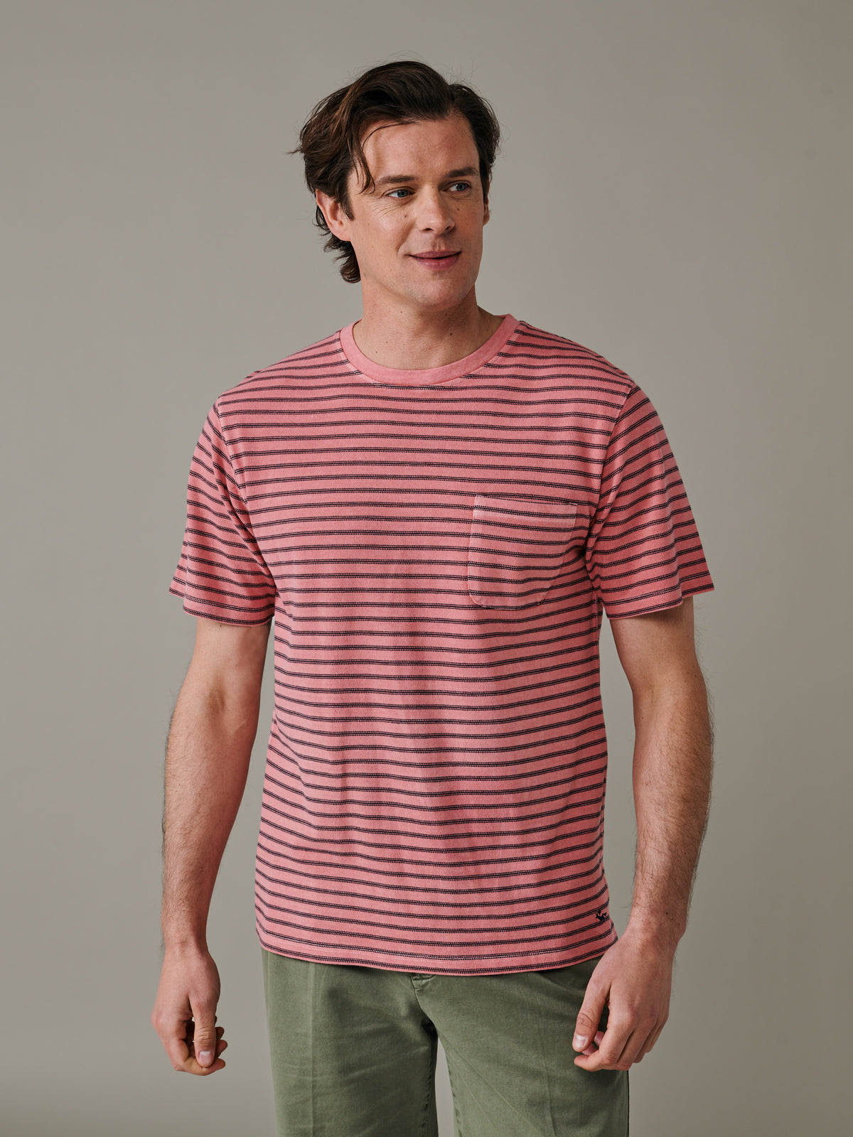 Aubin Washed Pink/Navy Stripe Humby Pique Striped T-Shirt | T-Shirt
