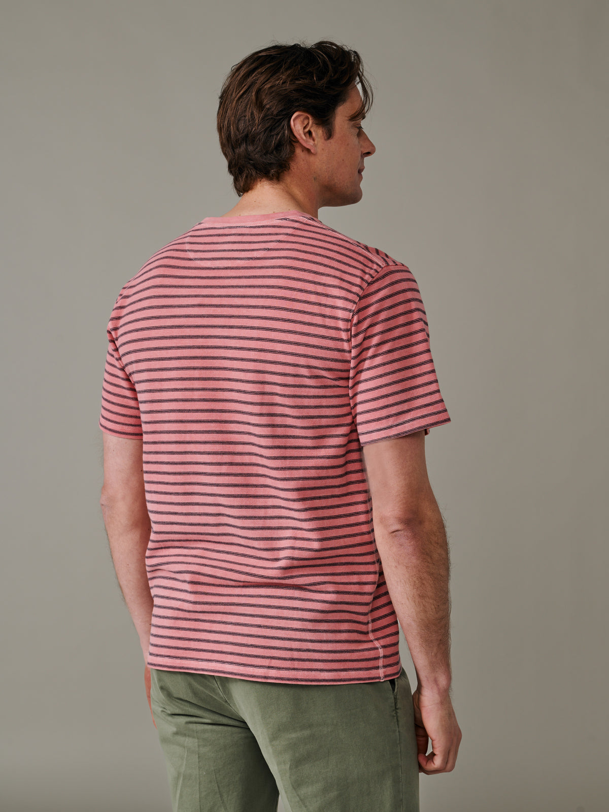 Aubin Washed Pink/Navy Stripe Humby Pique Striped T-Shirt | T-Shirt
