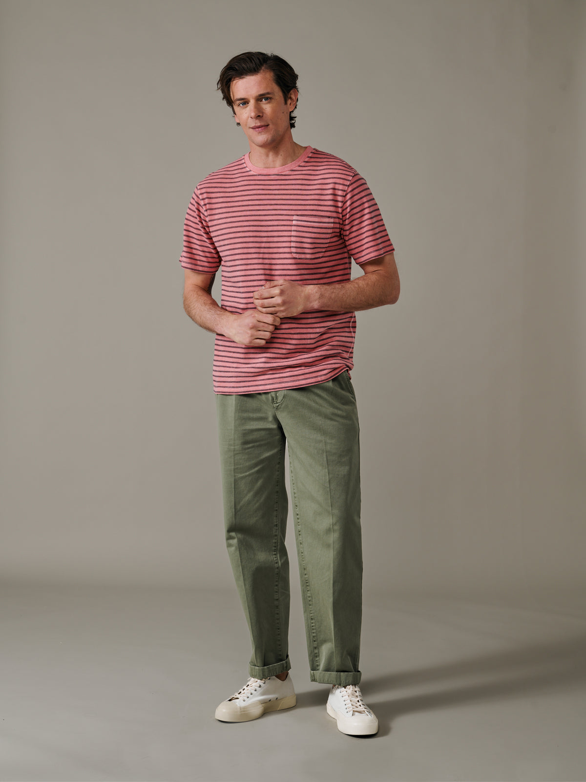 Aubin Washed Pink/Navy Stripe Humby Pique Striped T-Shirt | T-Shirt