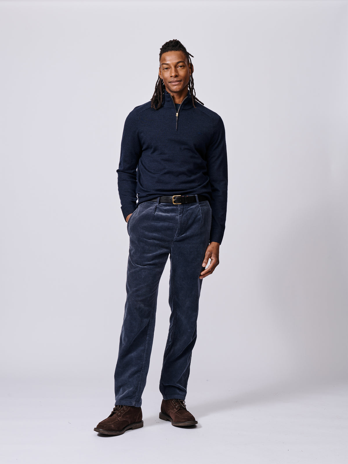 Aubin Navy Laurel Extra Fine Merino Zip Neck Jumper | Zip Neck