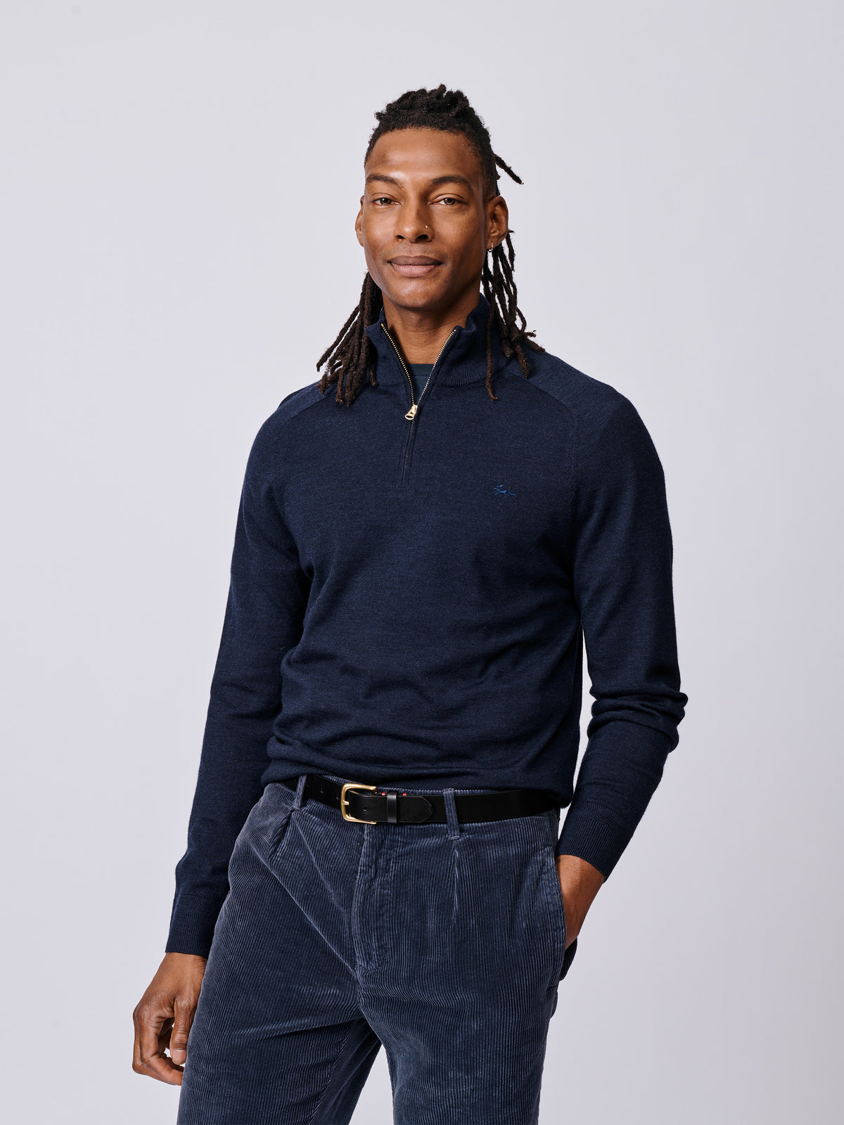 Aubin Navy Laurel Extra Fine Merino Zip Neck Jumper | Zip Neck
