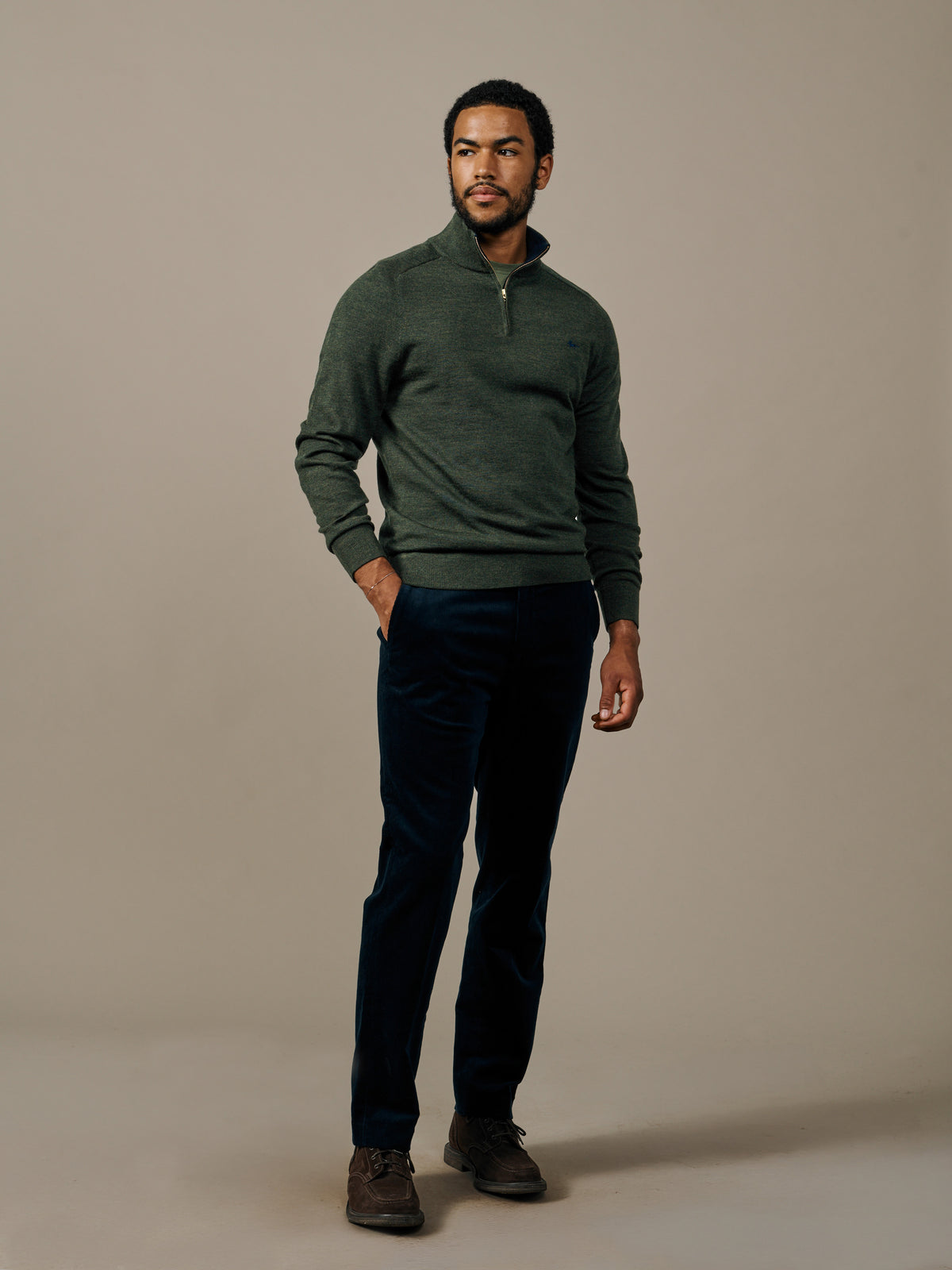 Aubin Dark Khaki Laurel Extra Fine Merino Zip Neck Jumper | Zip Neck