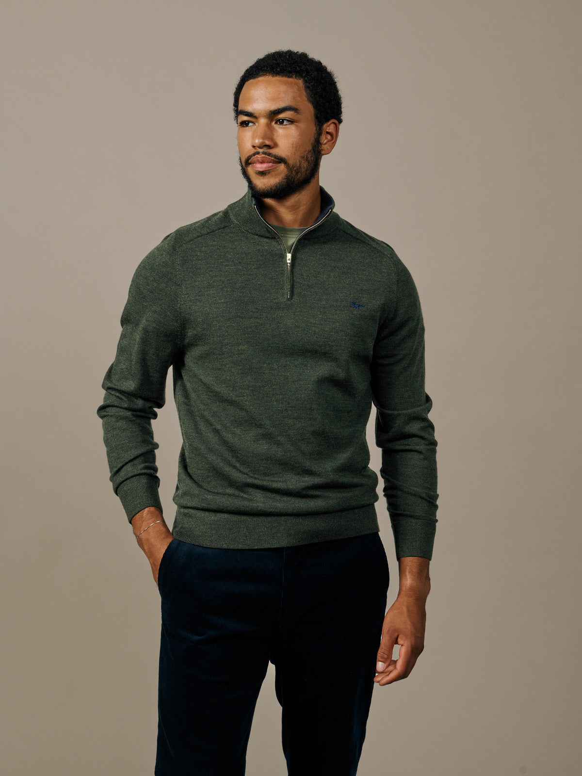 Aubin Dark Khaki Laurel Extra Fine Merino Zip Neck Jumper | Zip Neck