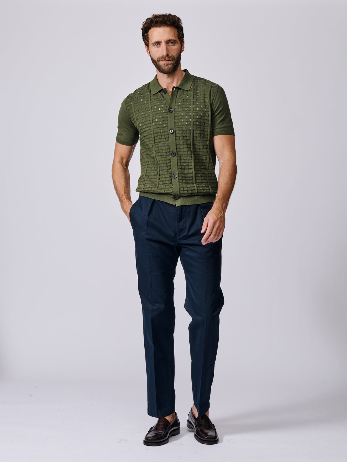 Aubin Khaki Manor Textured Button Through Polo | Knitted Polo