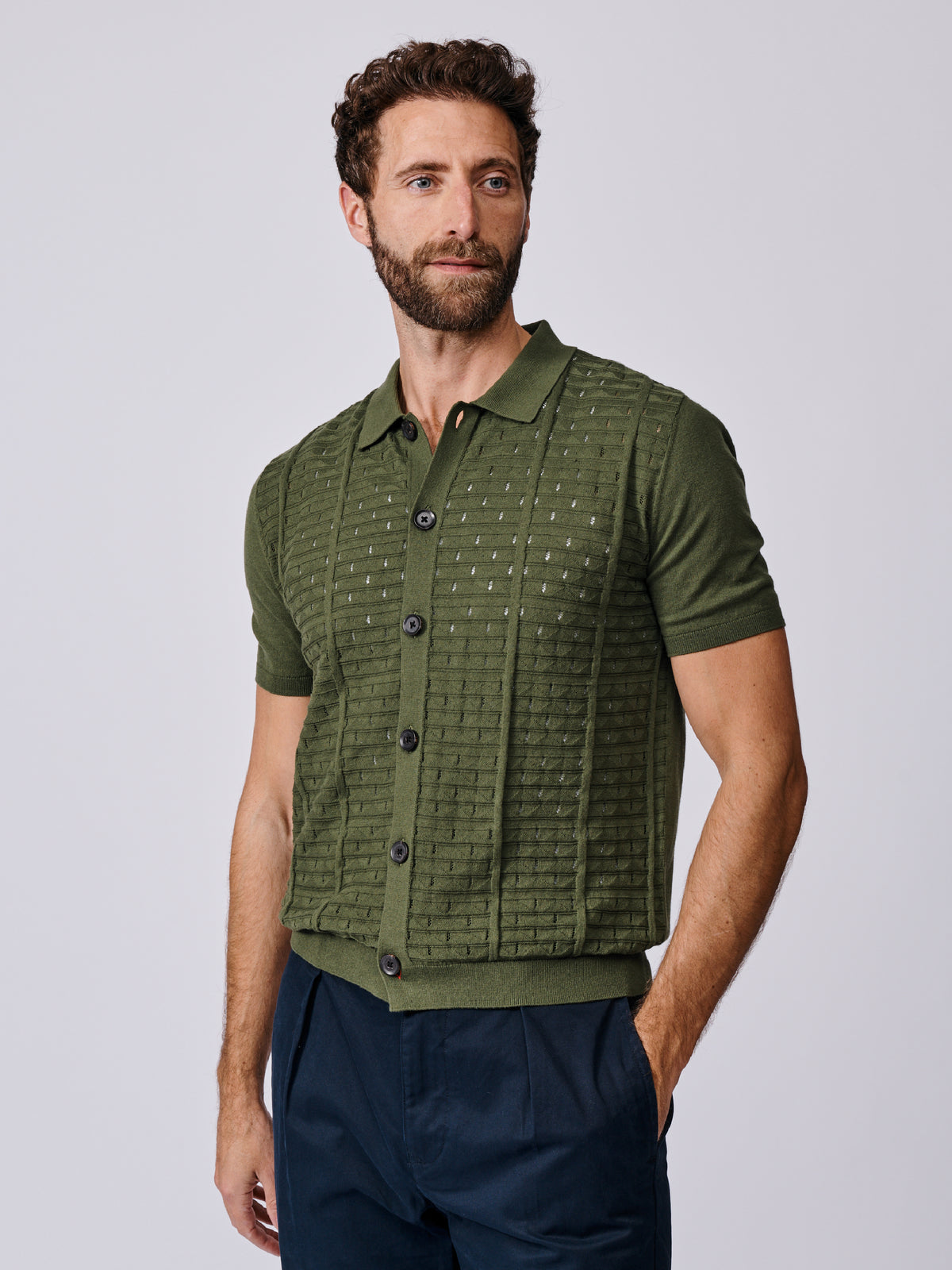 Aubin Khaki Manor Textured Button Through Polo | Knitted Polo
