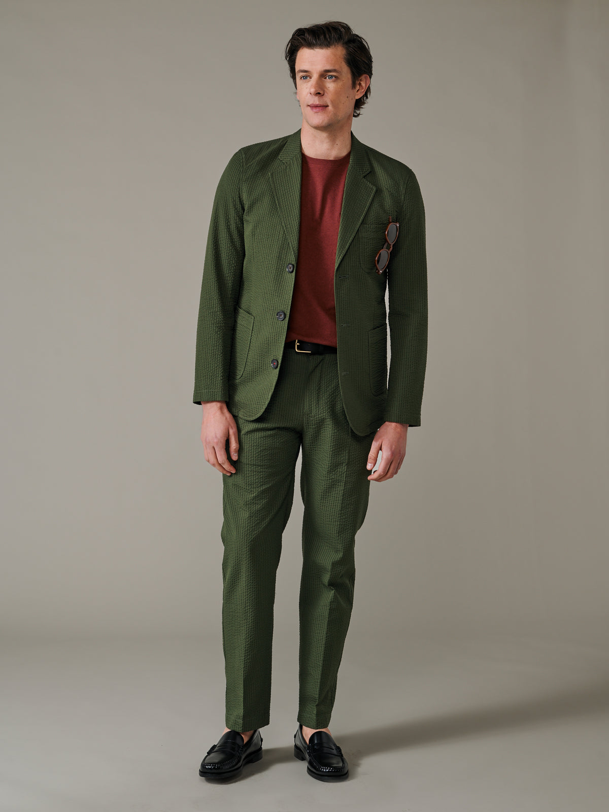 Aubin Khaki Seersucker Mareham Patch Pocket Jacket | Suit Jackets