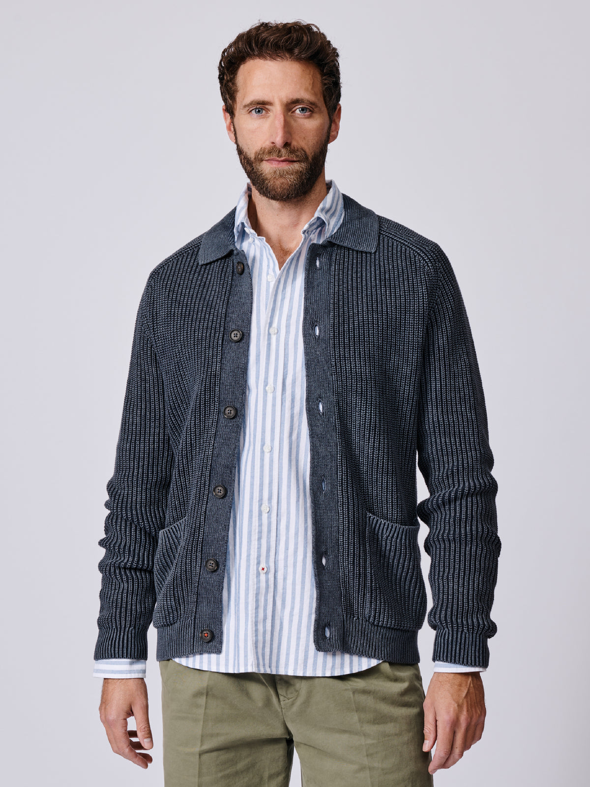 Aubin Navy Martin Cotton Collared Cardigan | Cardigan