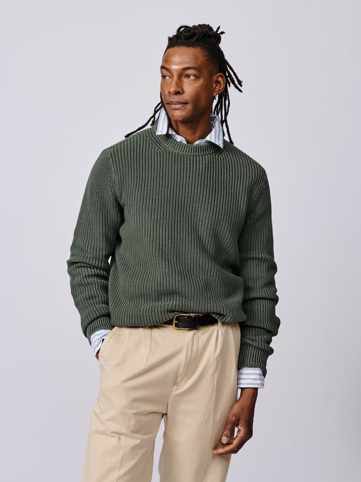 Aubin Khaki Martin Cotton Ribbed Crew Neck | Crew Neck