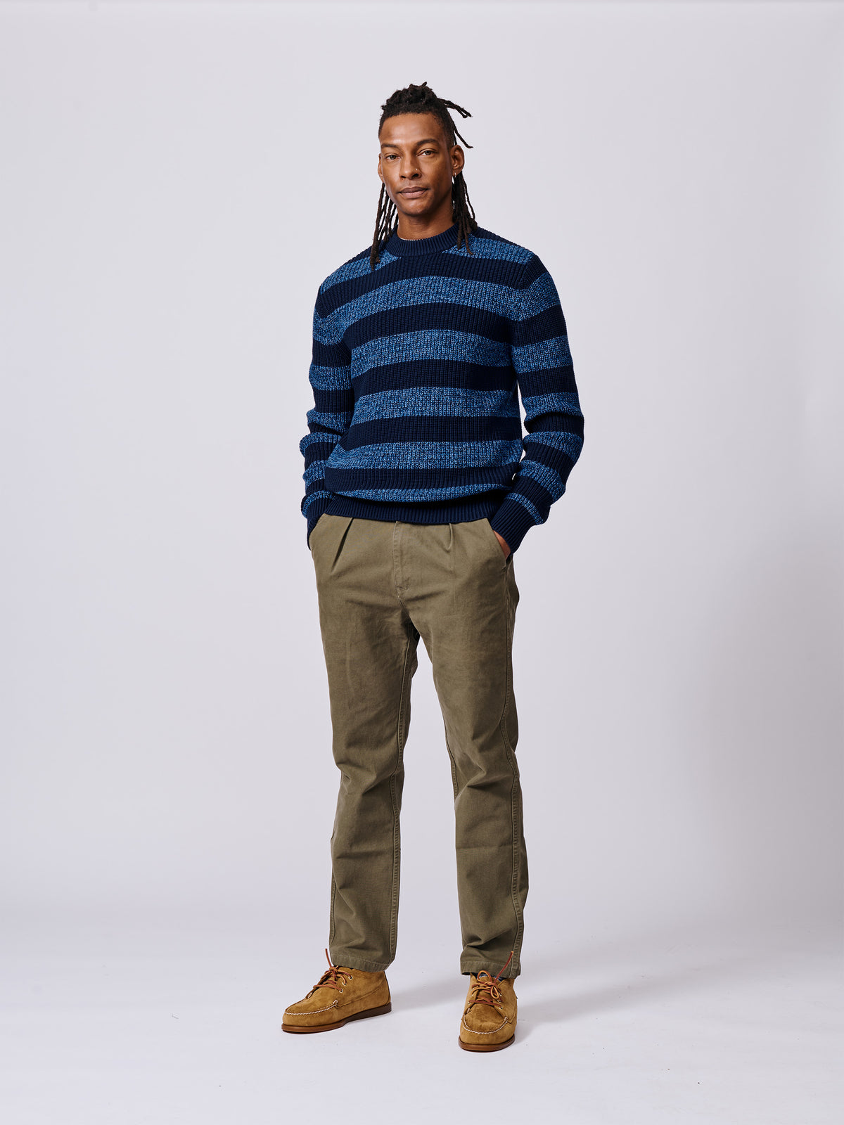 Aubin Navy Stripe Martin Cotton Striped Crew Neck | Crew Neck
