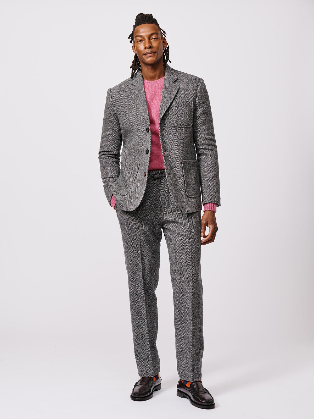 Aubin Grey Herringbone Mareham Wool Patch Pocket Suit Jacket | Wool Jacket