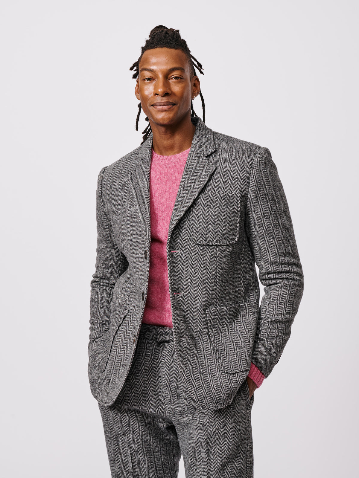 Aubin Grey Herringbone Mareham Wool Patch Pocket Suit Jacket | Wool Jacket