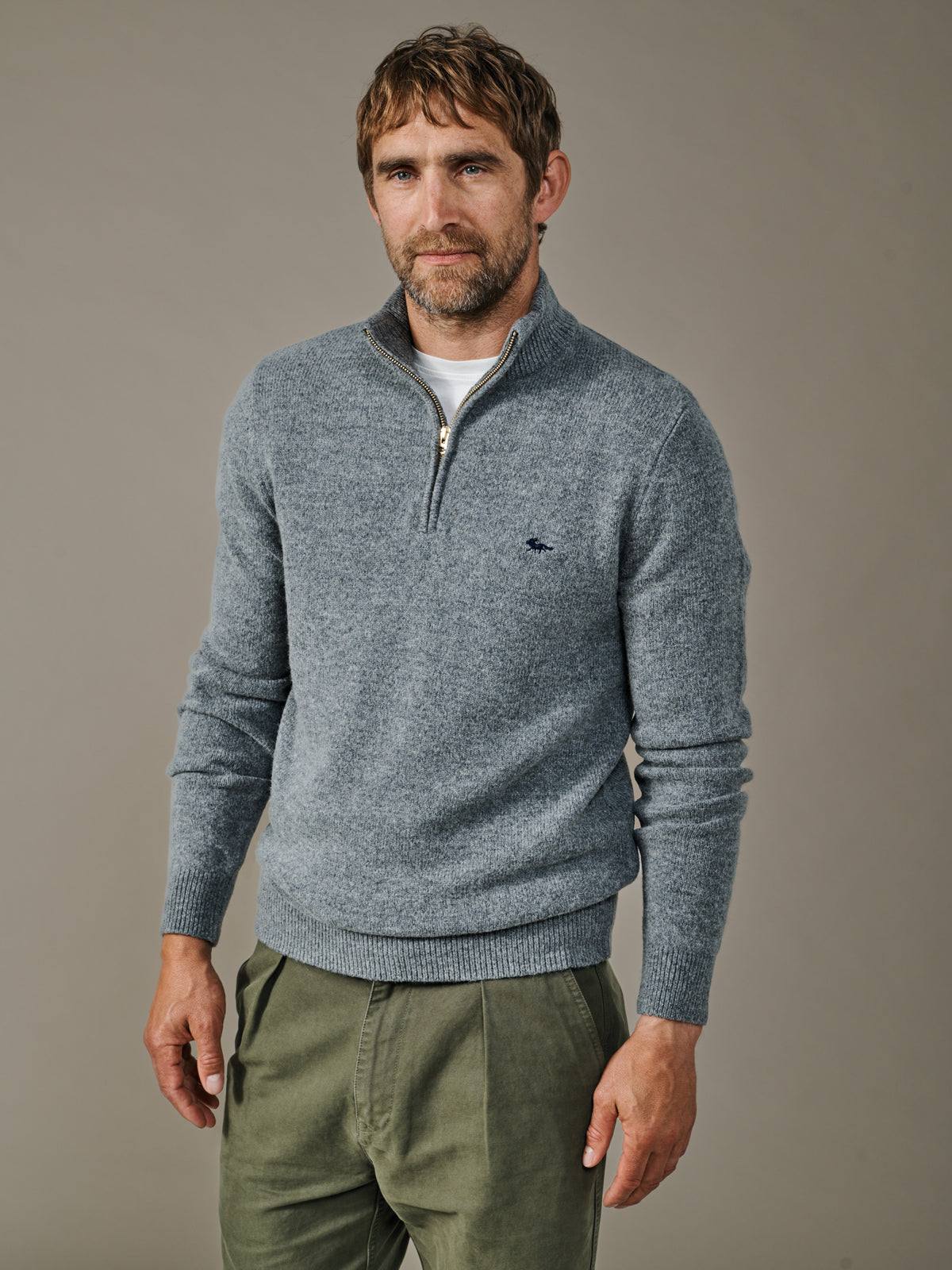 Aubin Mid Grey Pepper Lambswool Zip Neck Jumper | Zip Neck