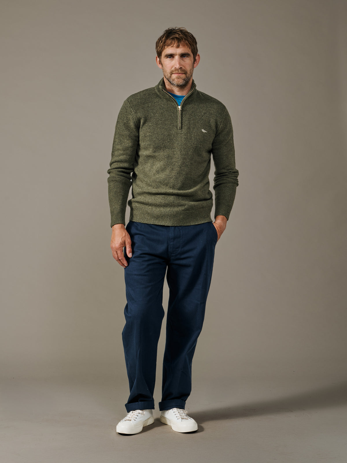 Aubin Khaki Pepper Lambswool Zip Neck Jumper | Zip Neck