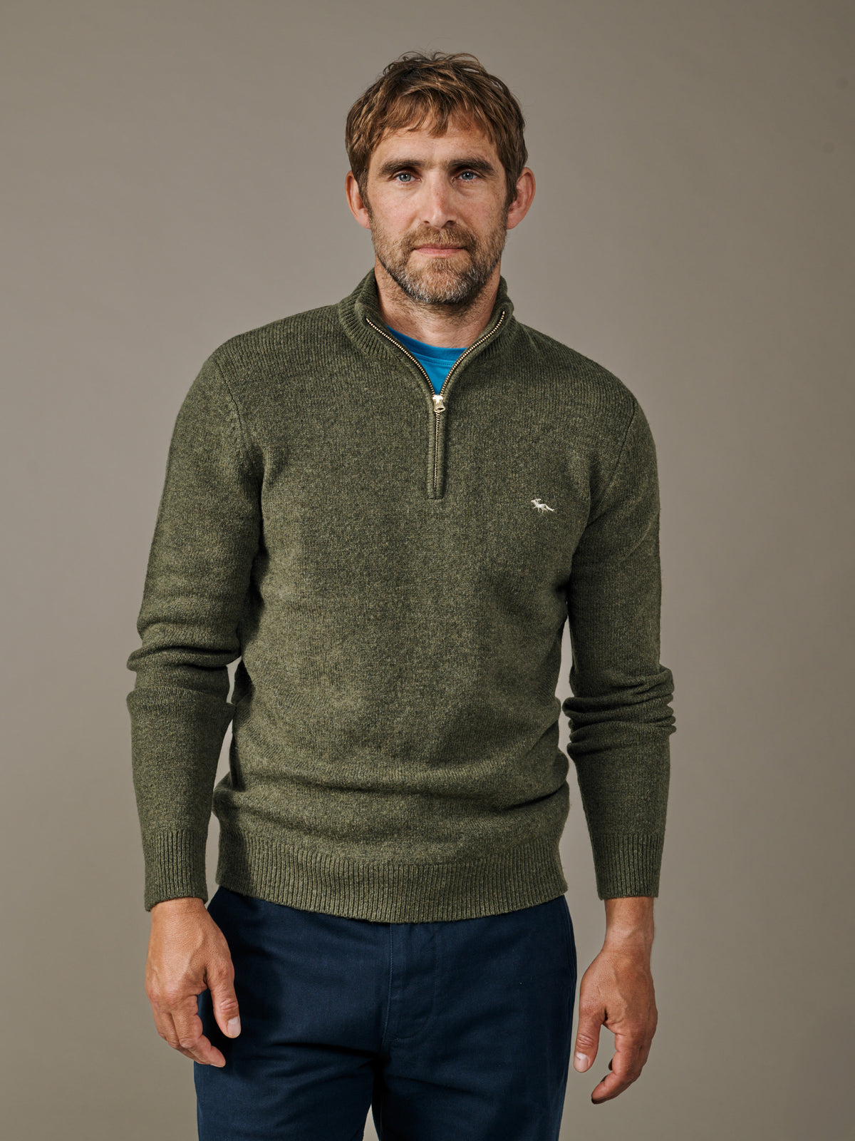 Aubin Khaki Pepper Lambswool Zip Neck Jumper | Zip Neck