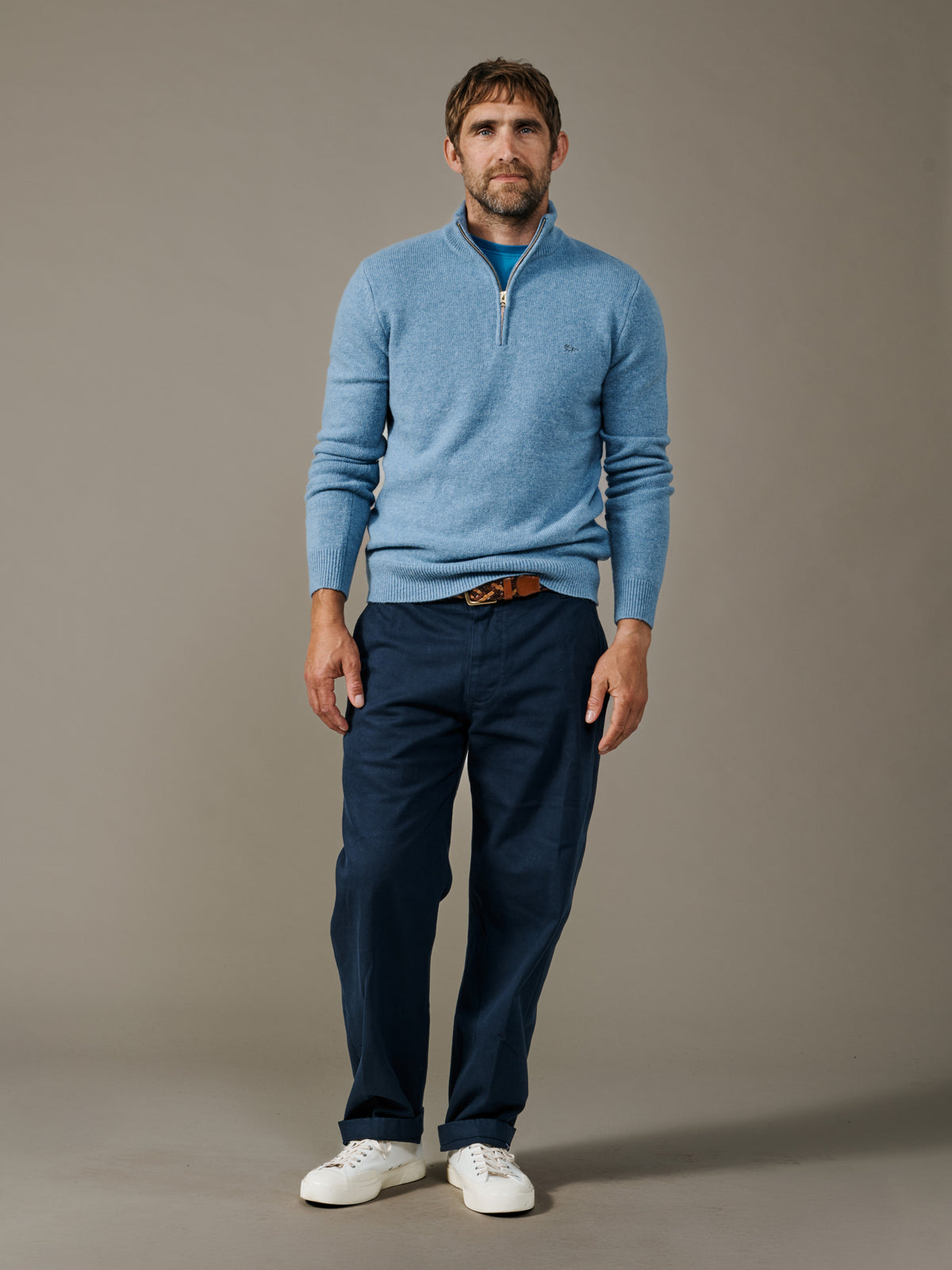 Aubin Mid Blue Pepper Lambswool Zip Neck Jumper | Zip Neck