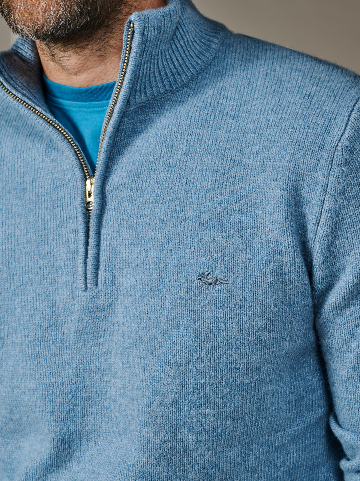 Aubin Mid Blue Pepper Lambswool Zip Neck Jumper | Zip Neck