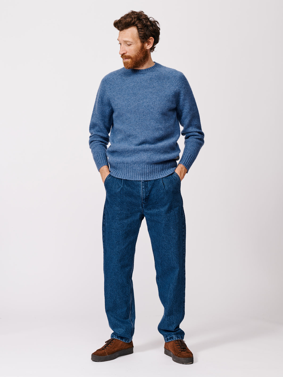 Aubin Mid Blue Prestwick Shetland Crew Neck Jumper | Crew Neck