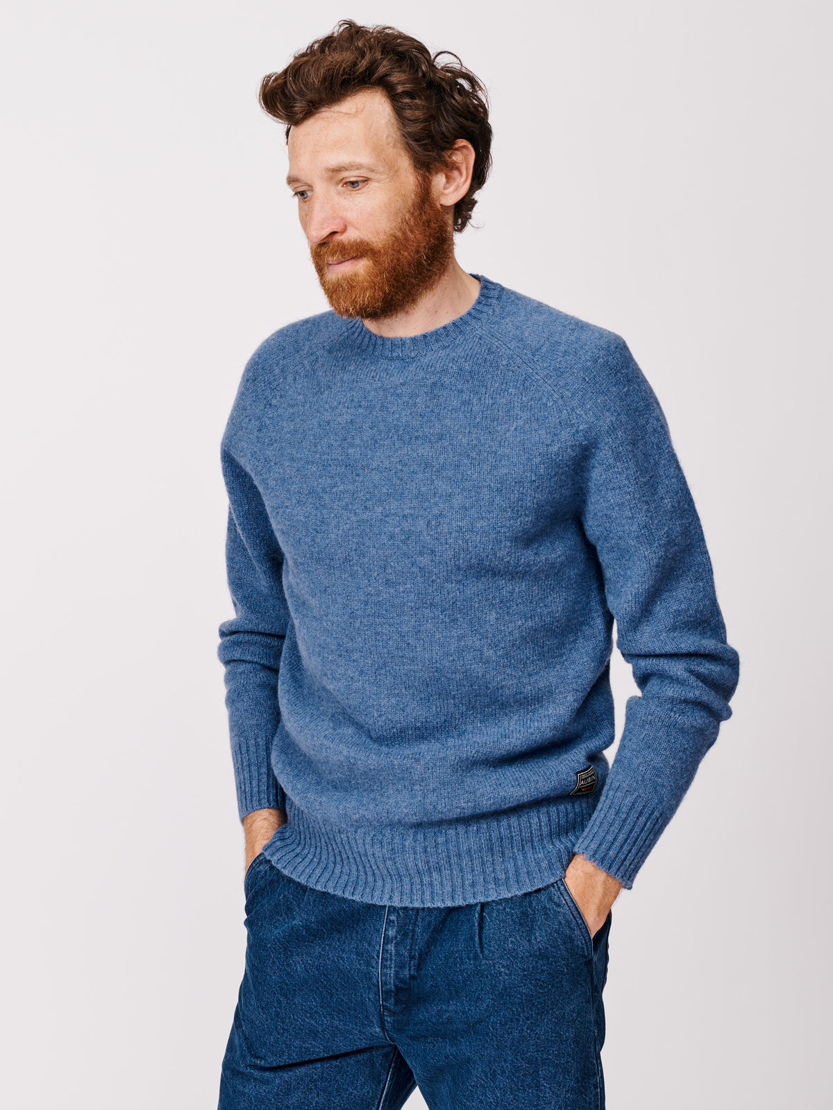 Aubin Mid Blue Prestwick Shetland Crew Neck Jumper | Crew Neck