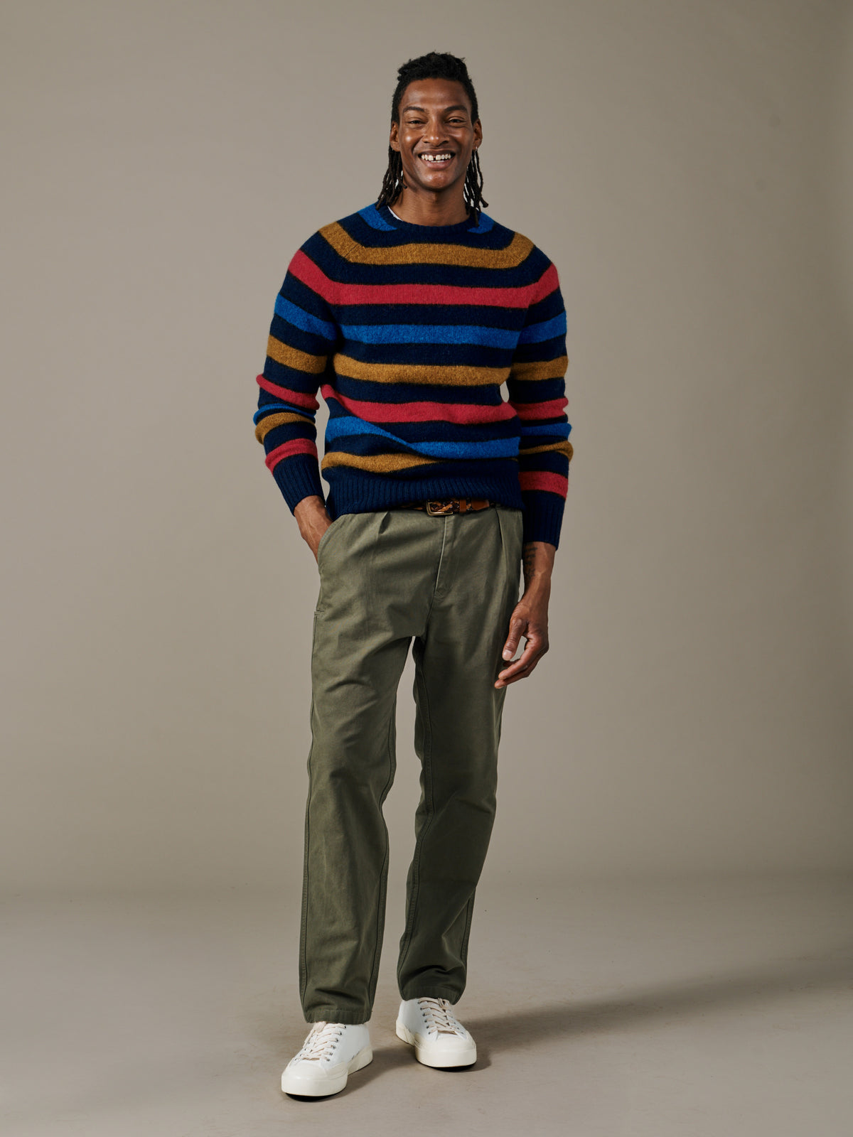 Aubin Navy Multi Stripe Prestwick Shetland Crew Neck Jumper | Crew Neck