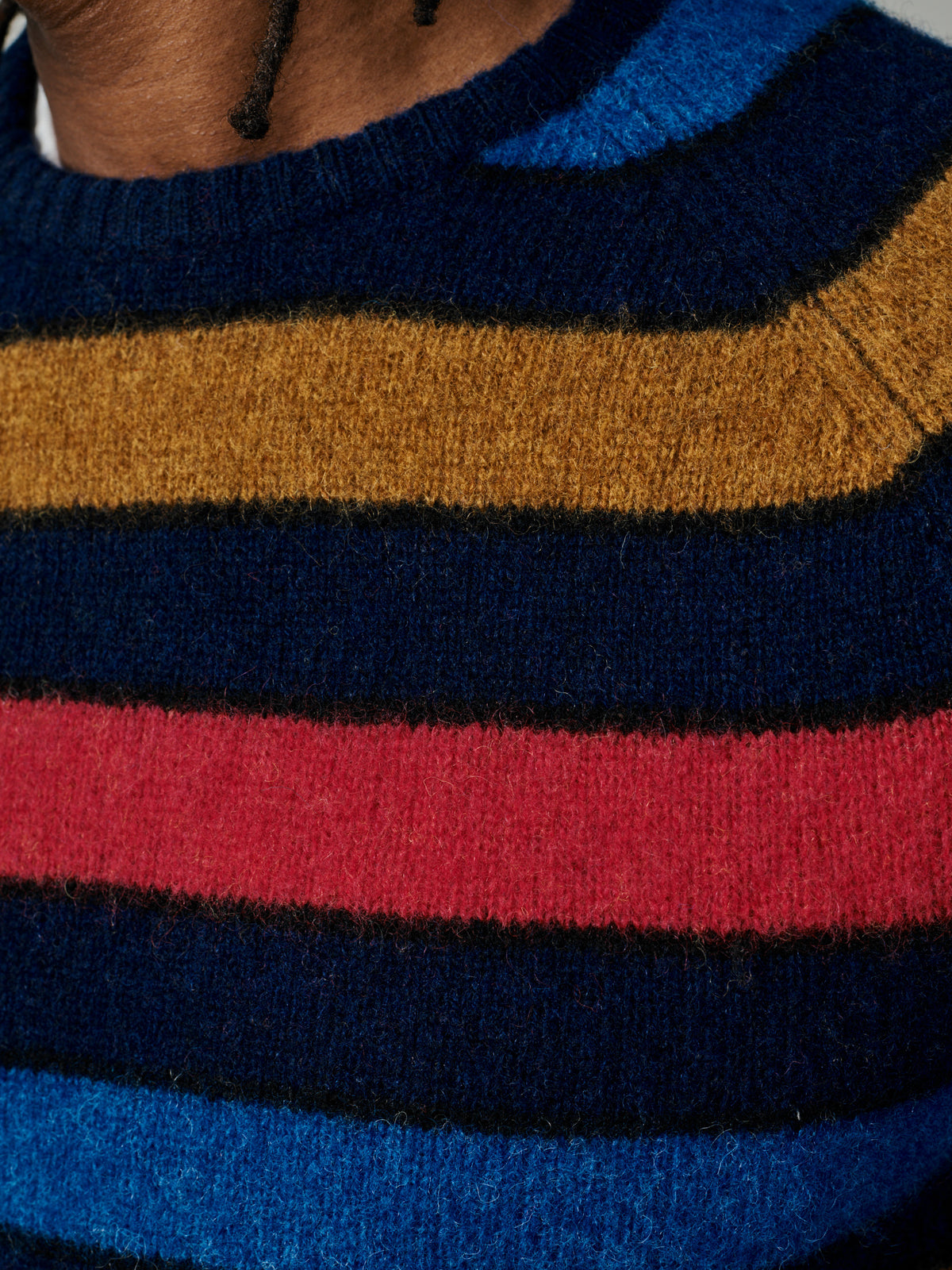 Aubin Navy Multi Stripe Prestwick Shetland Crew Neck Jumper | Crew Neck