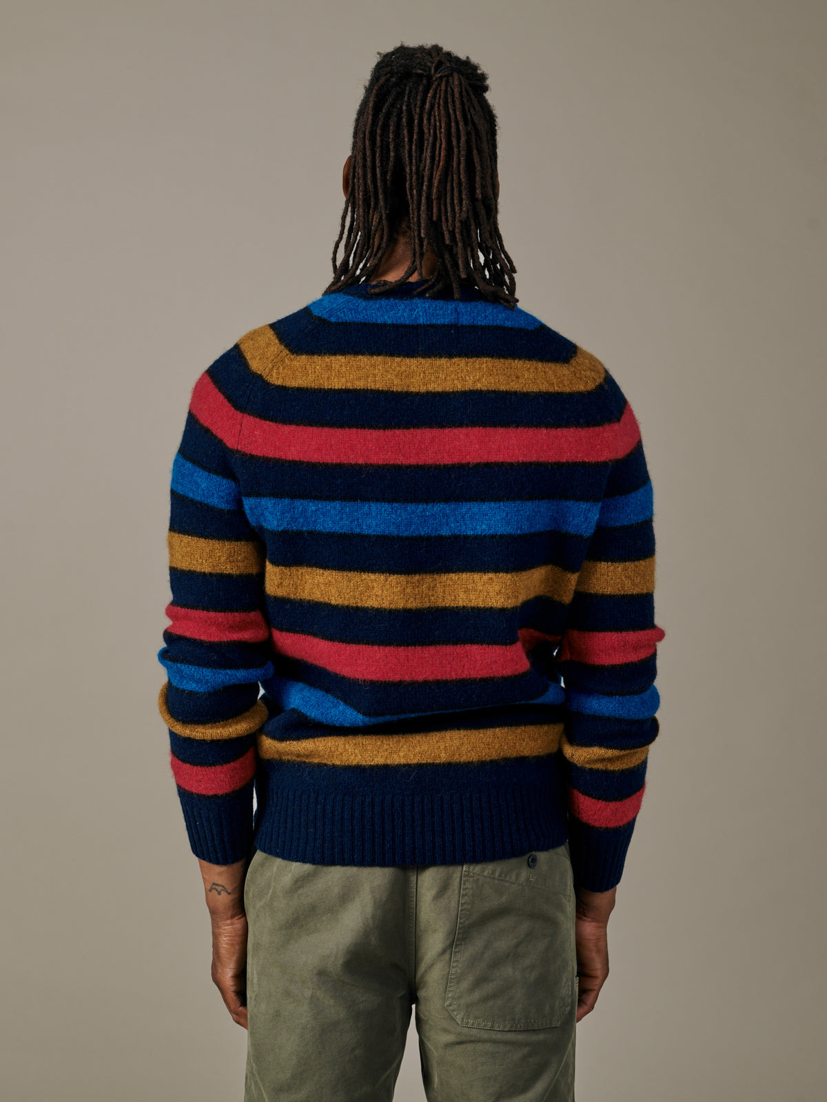 Aubin Navy Multi Stripe Prestwick Shetland Crew Neck Jumper | Crew Neck