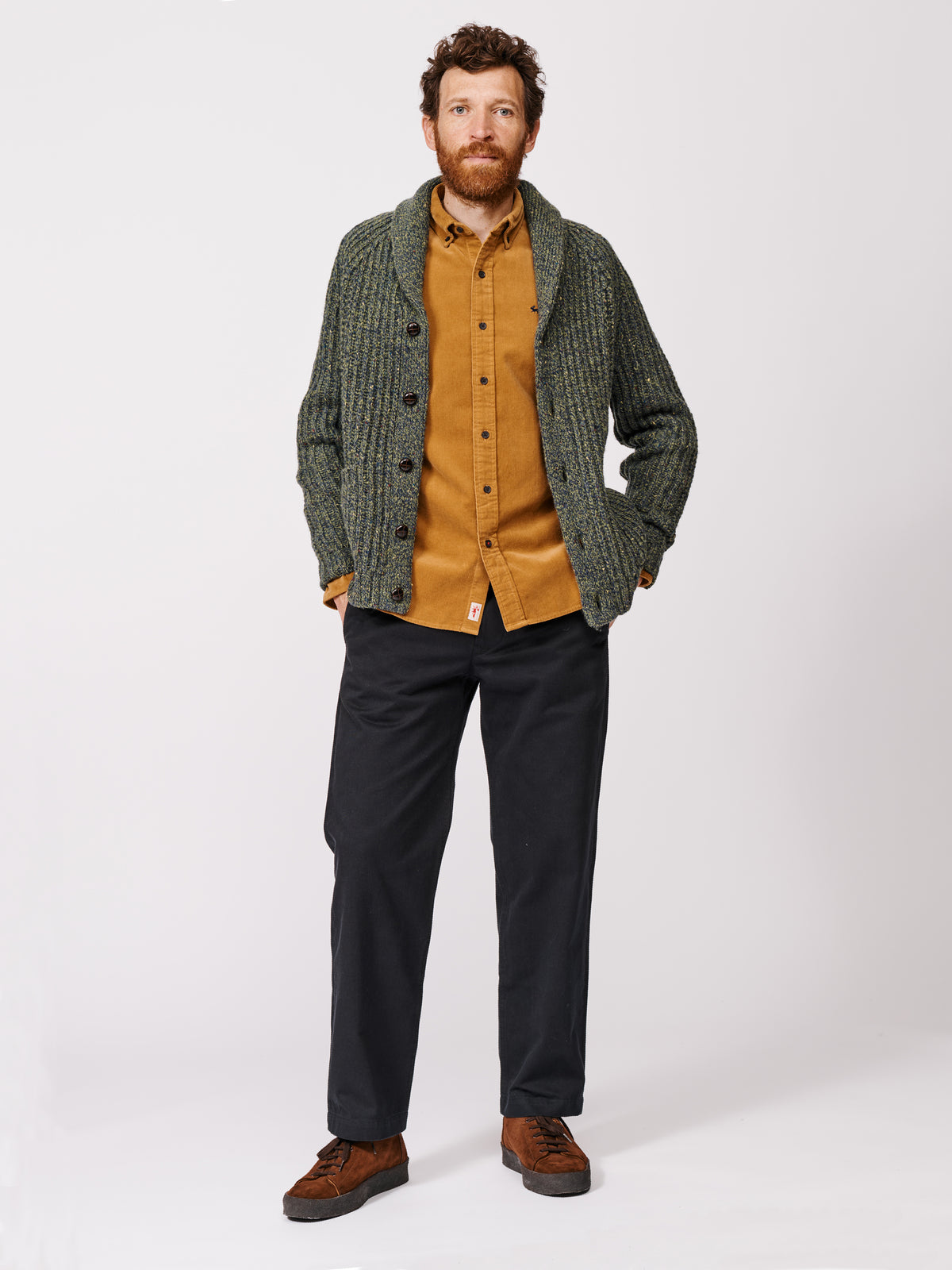 Aubin Khaki Priory Fisherman Rib Shawl Collar Cardigan | Cardigan