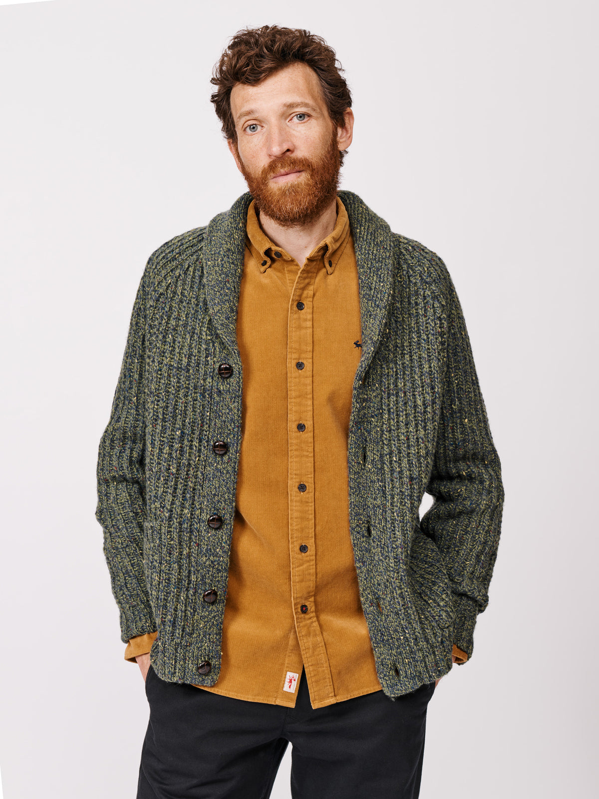 Aubin Khaki Priory Fisherman Rib Shawl Collar Cardigan | Cardigan