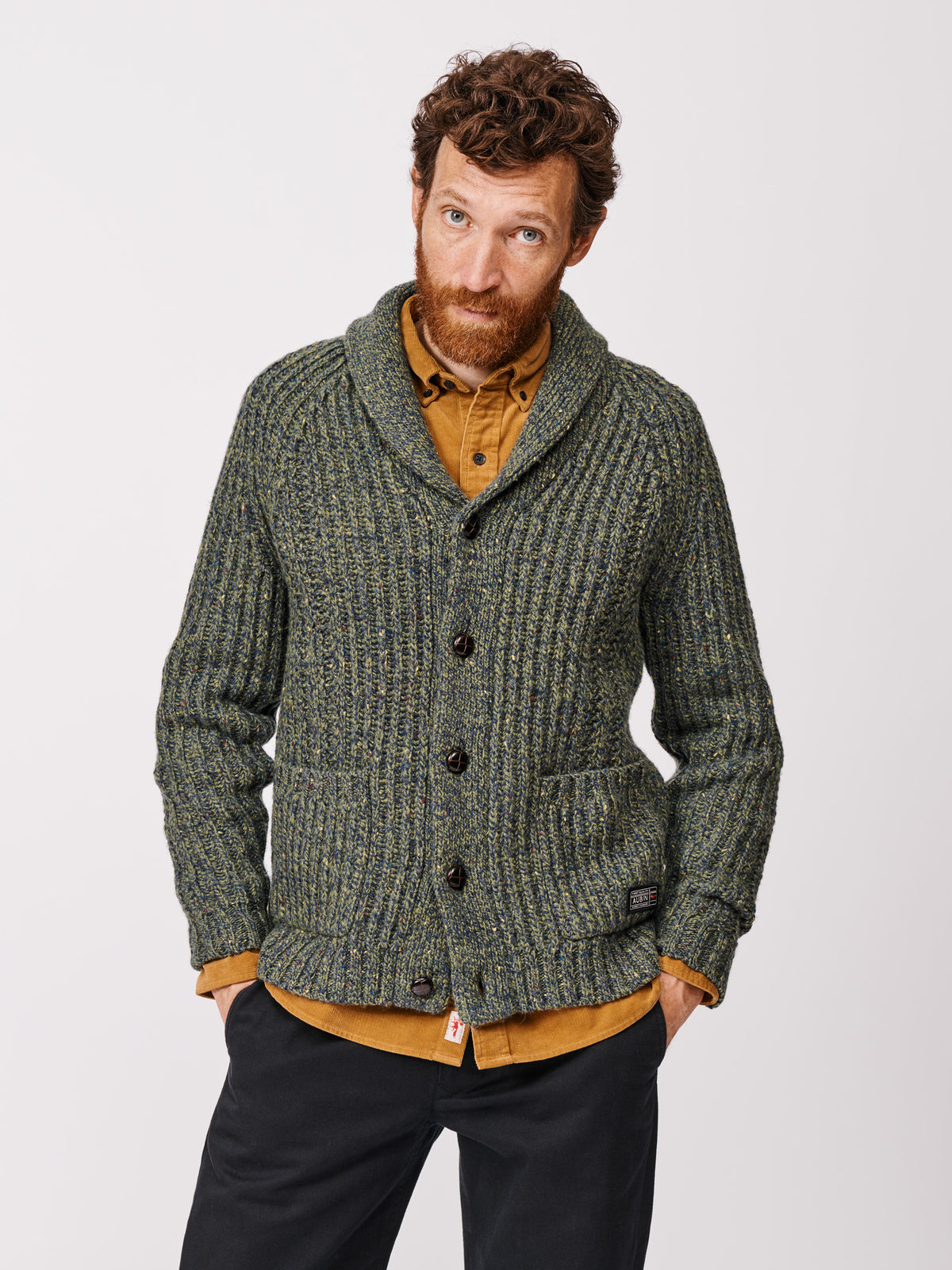 Aubin Khaki Priory Fisherman Rib Shawl Collar Cardigan | Cardigan