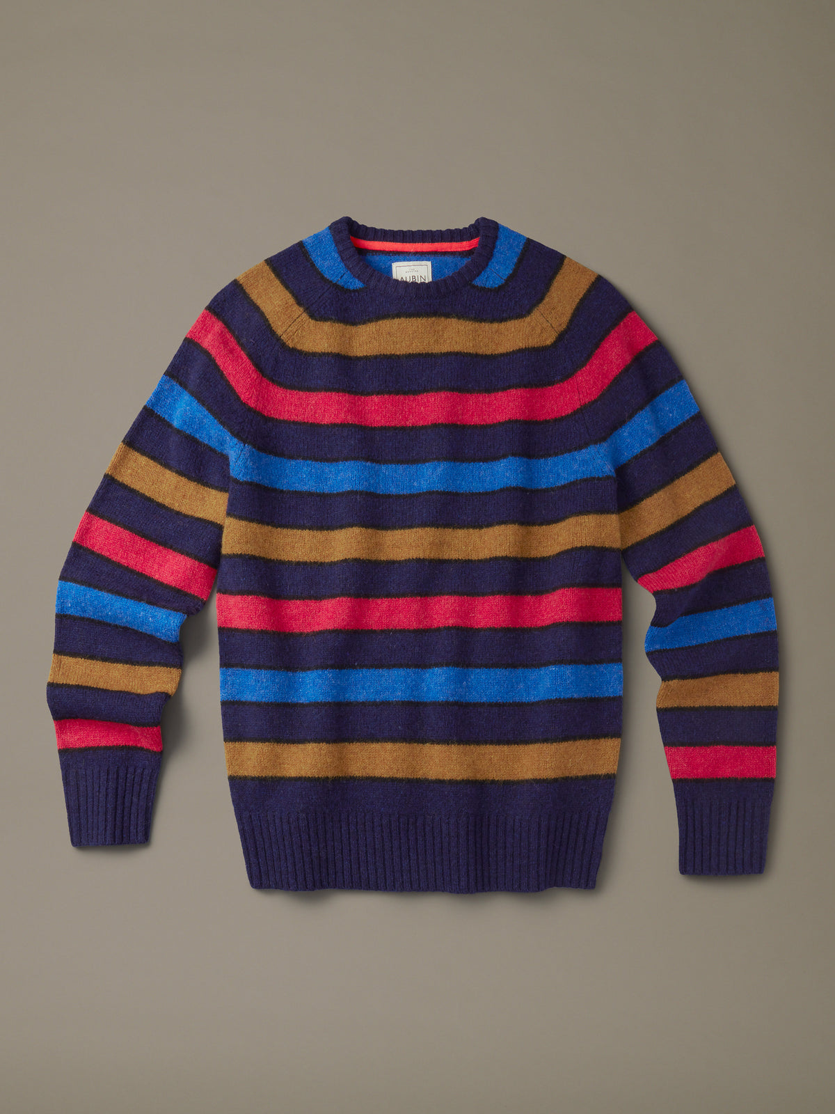 Aubin Navy Multi Stripe Prestwick Shetland Crew Neck Jumper | Crew Neck