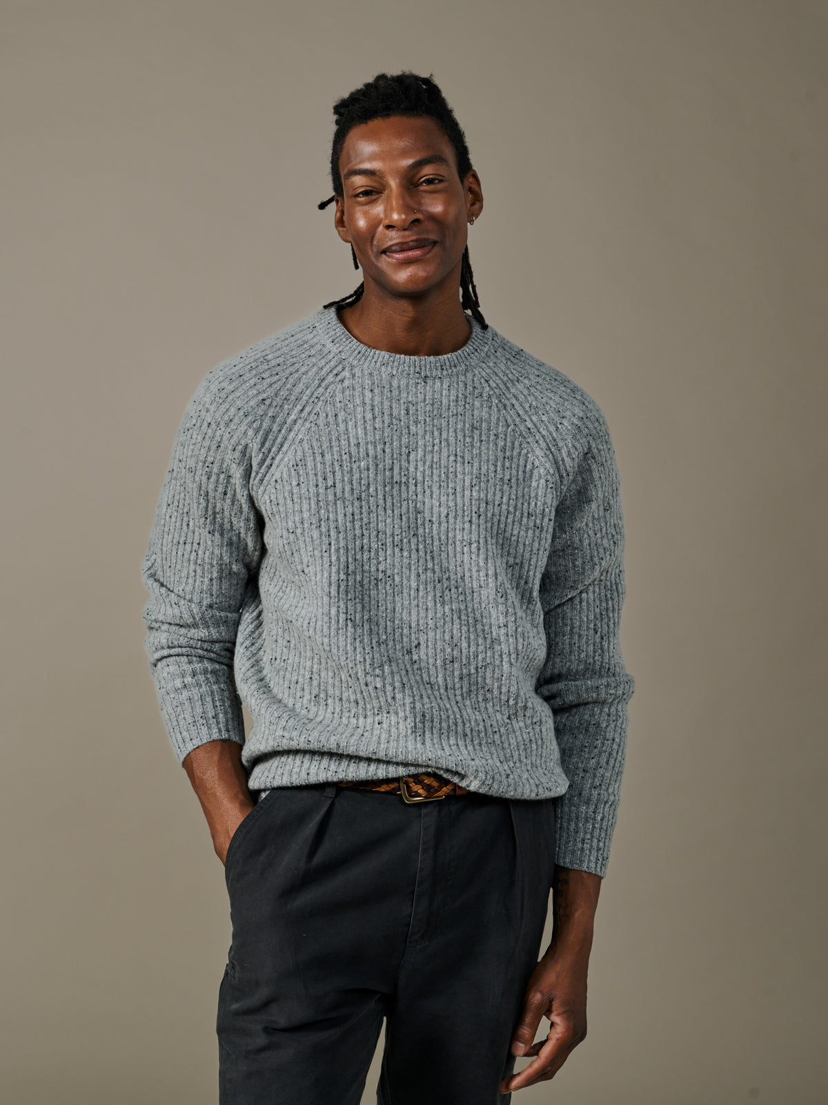 Aubin Grey Mix Ray Fisherman Rib Crew Neck Jumper | Crew Neck