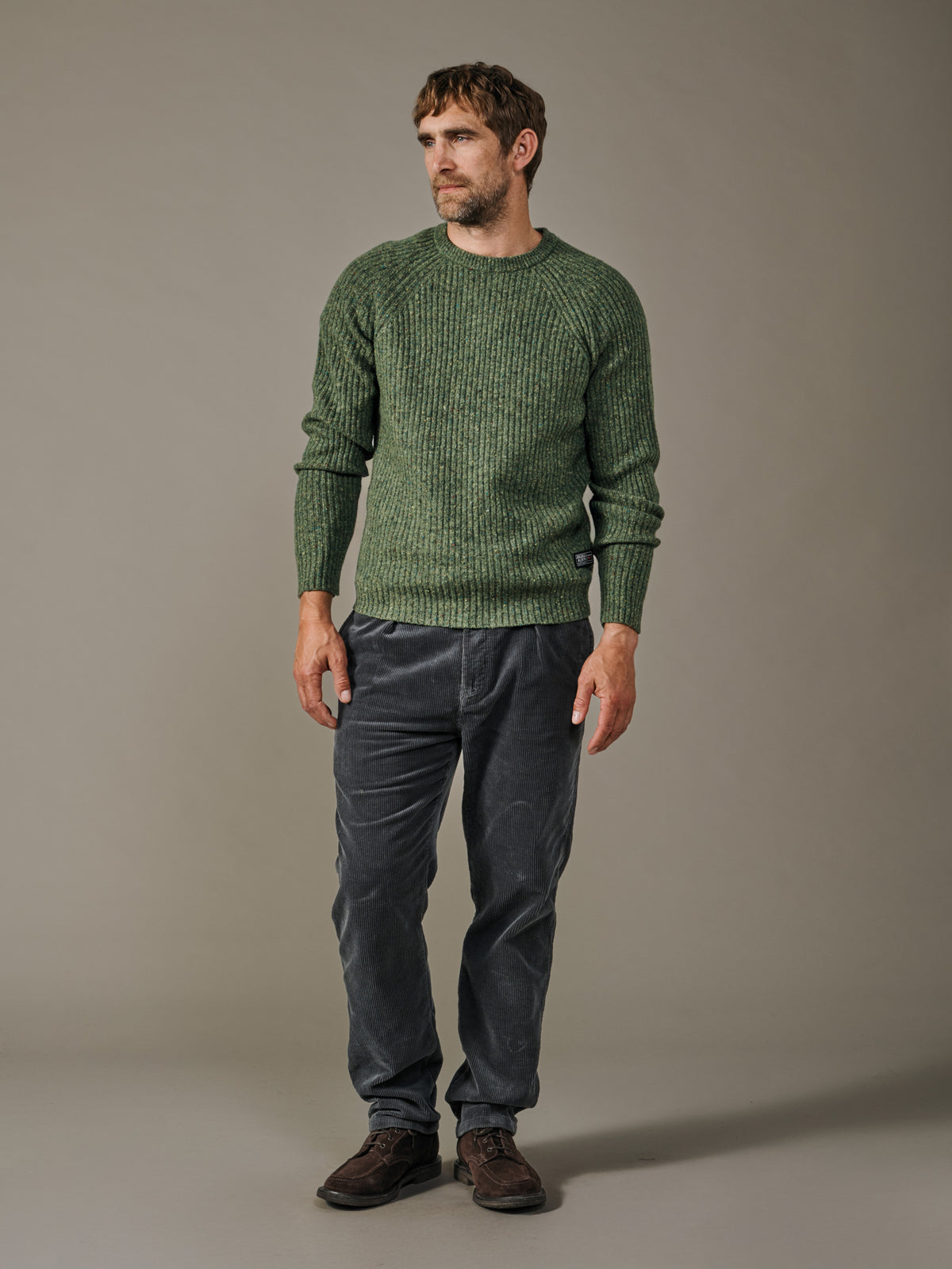 Aubin Khaki Mix Ray Fisherman Rib Crew Neck Jumper | Crew Neck