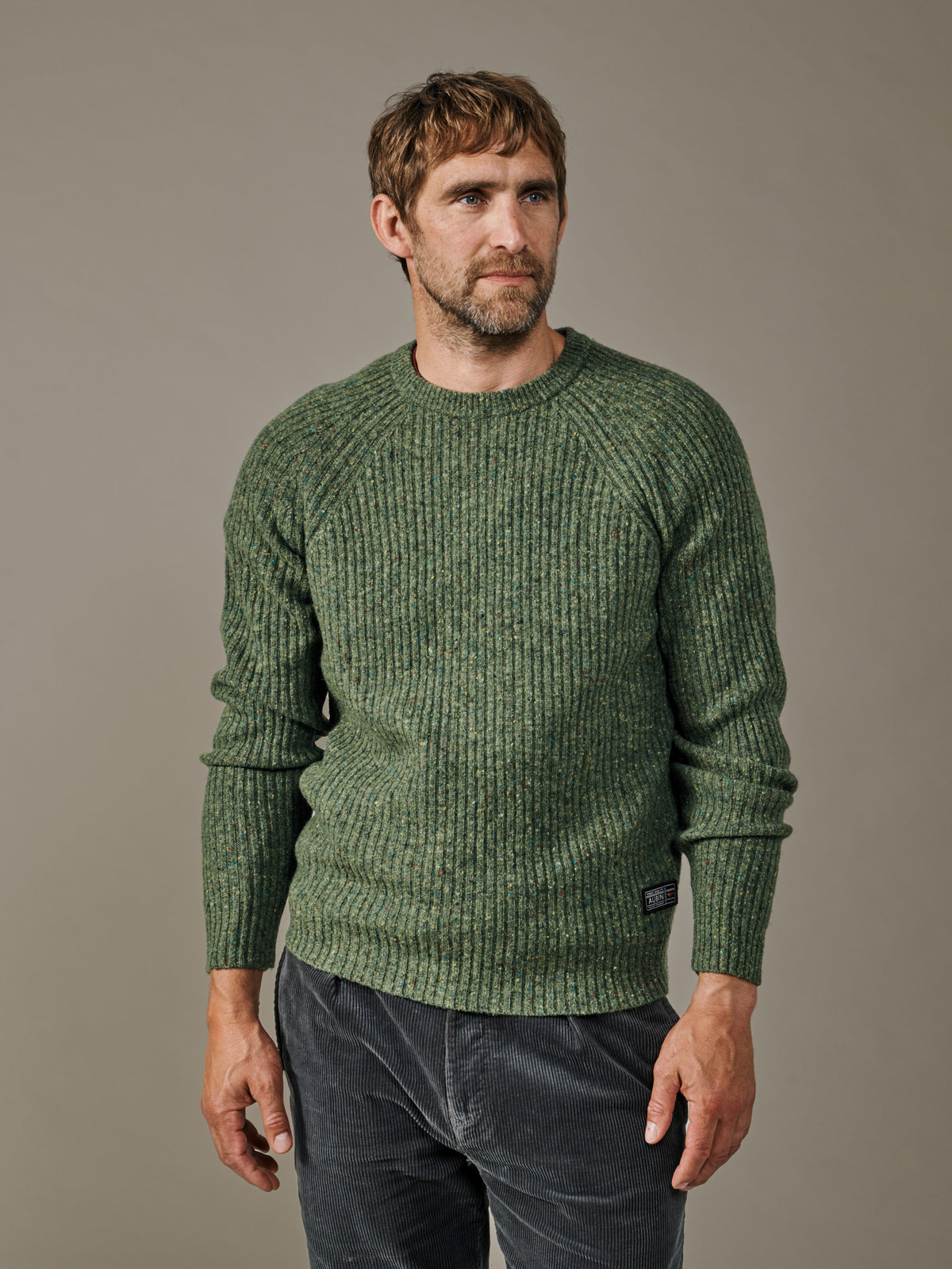 Aubin Khaki Mix Ray Fisherman Rib Crew Neck Jumper | Crew Neck