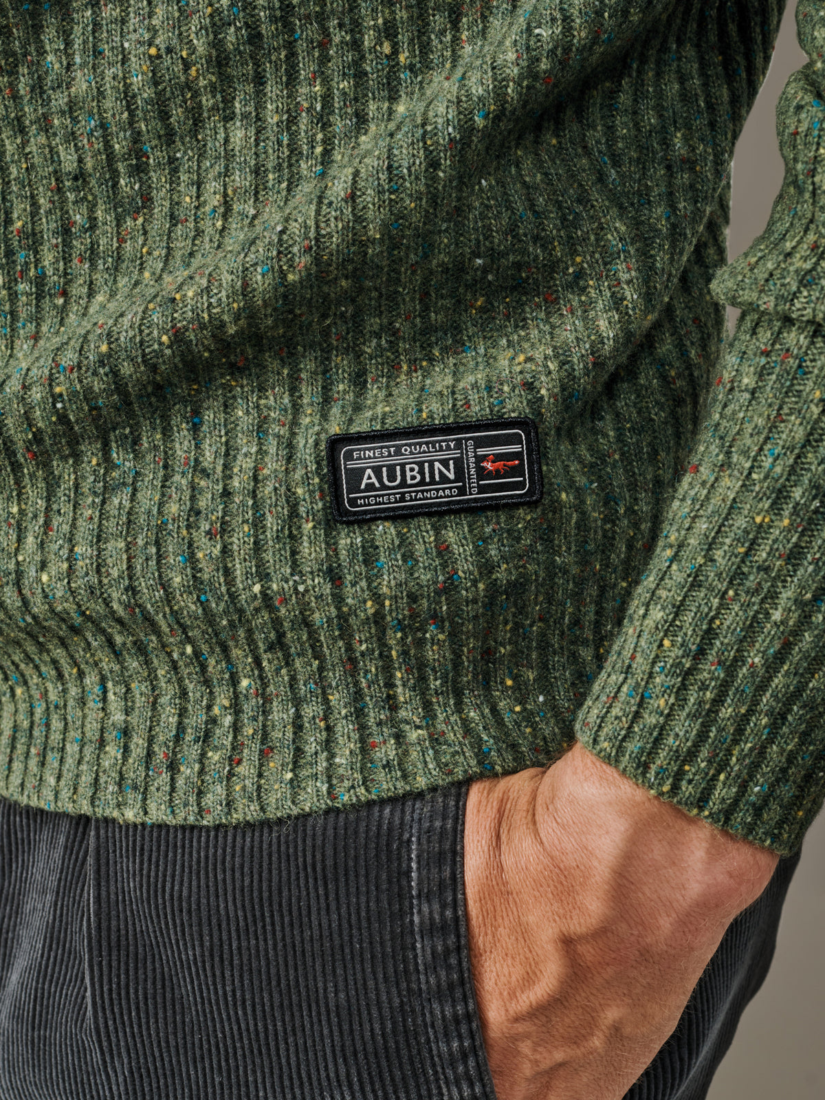 Aubin Khaki Mix Ray Fisherman Rib Crew Neck Jumper | Crew Neck