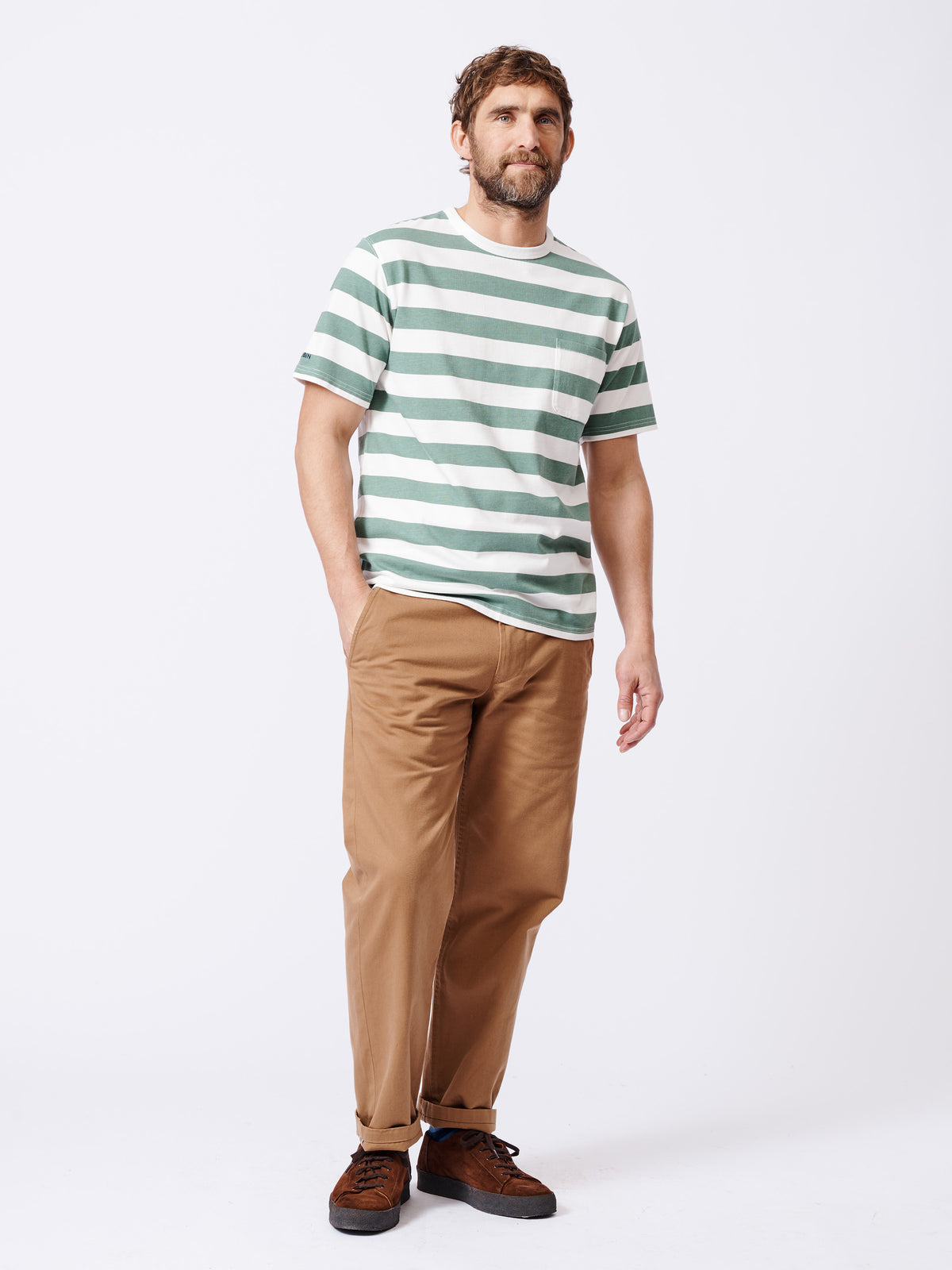 Aubin Khaki/Ecru Stripe Santon Relaxed T-Shirt | Striped Tee