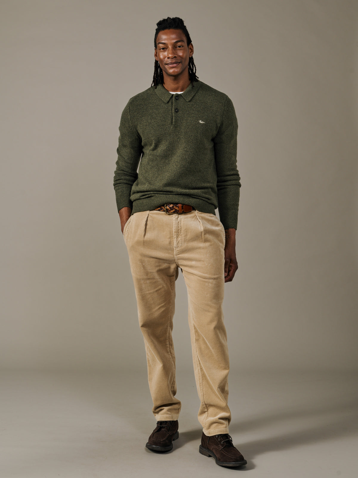 Aubin Khaki Shore Lambswool Long Sleeve Knitted Polo | Knitted Polo