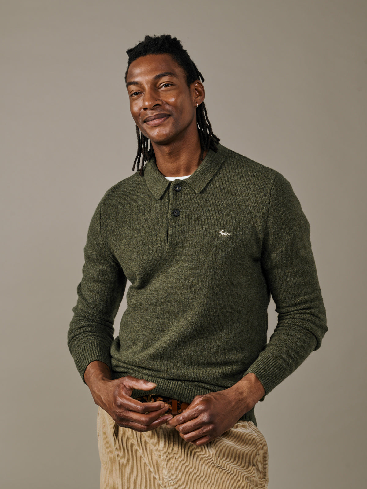 Aubin Khaki Shore Lambswool Long Sleeve Knitted Polo | Knitted Polo