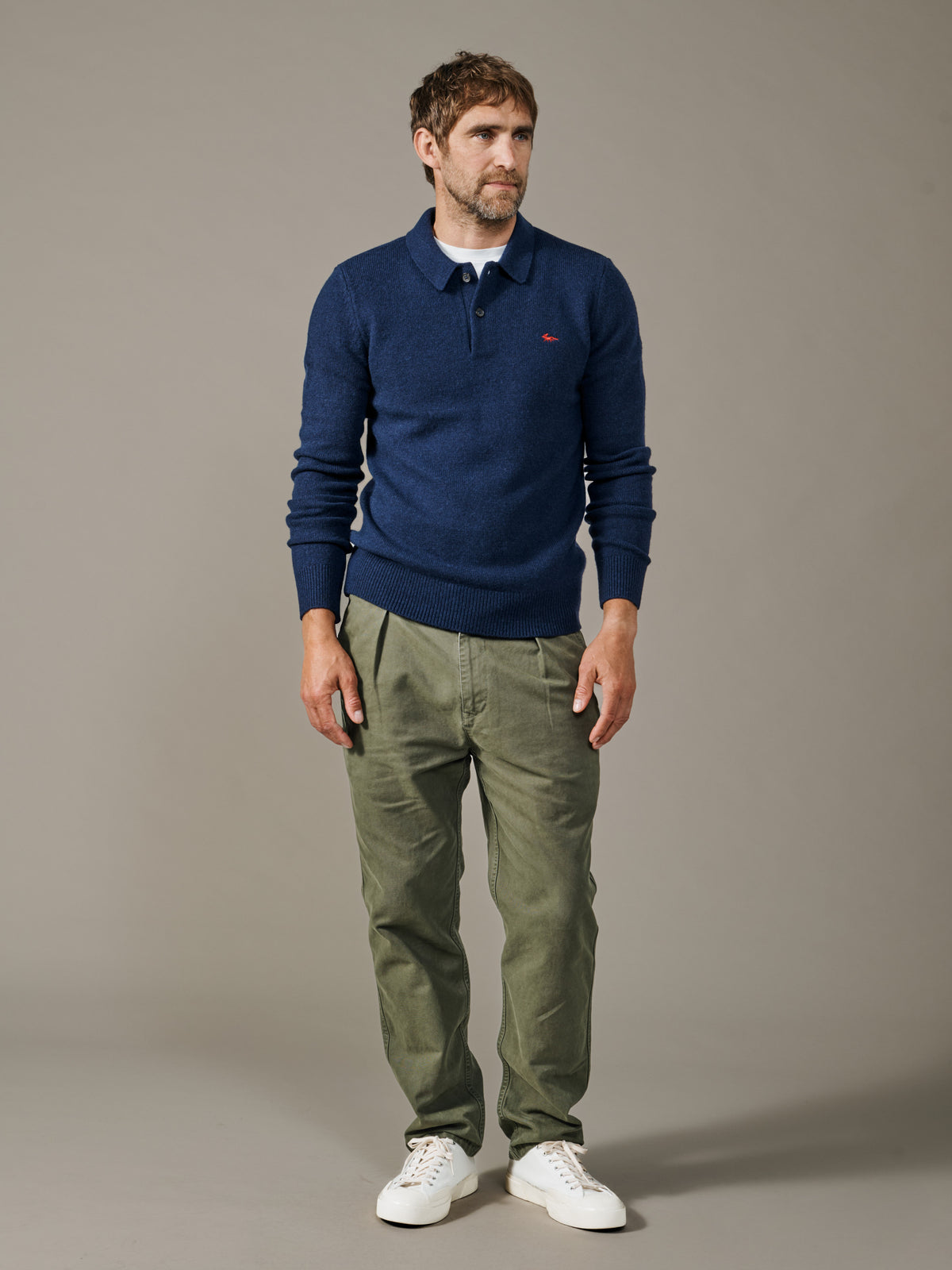 Aubin Navy Shore Lambswool Long Sleeve Knitted Polo | Knitted Polo