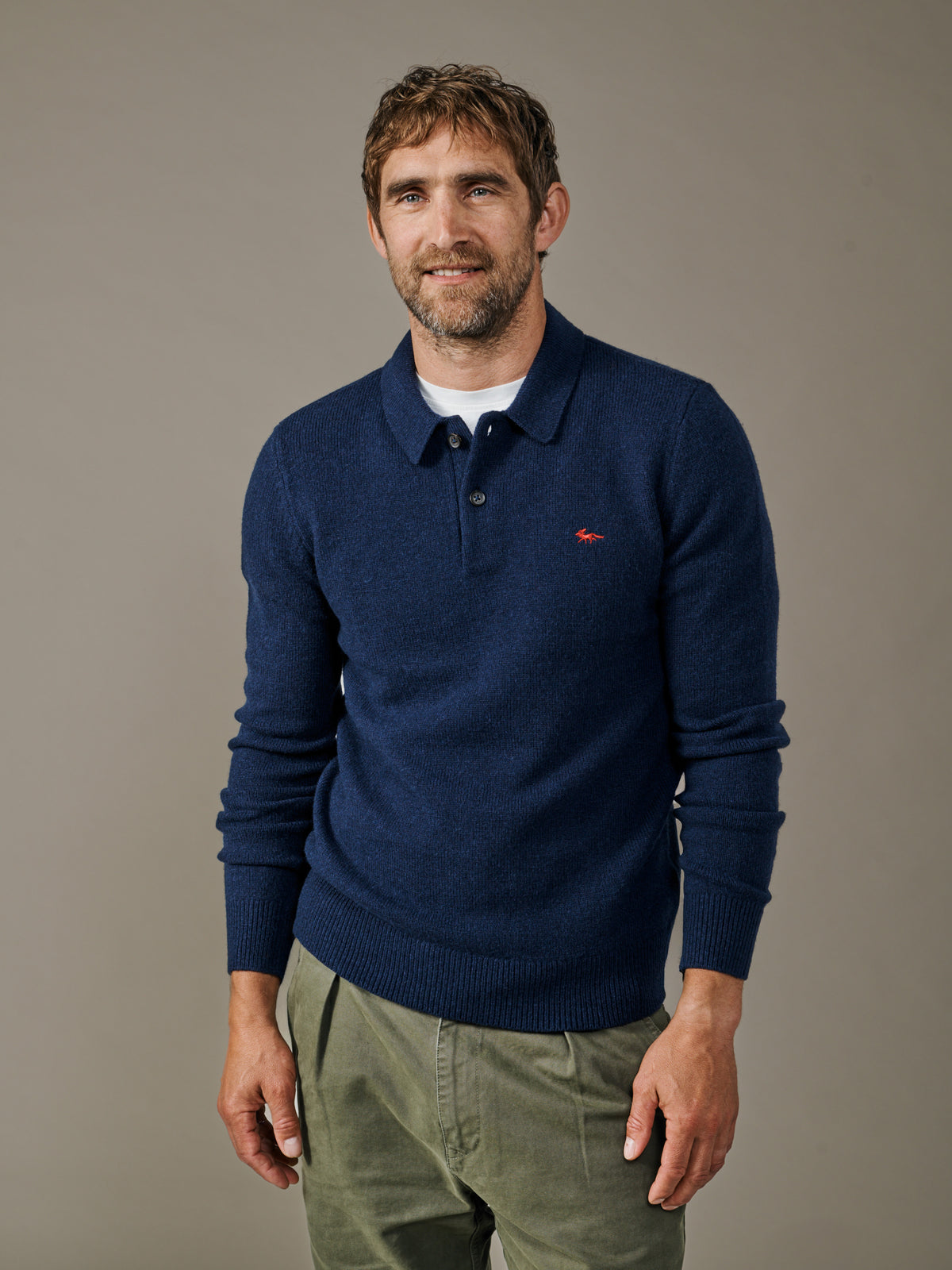 Aubin Navy Shore Lambswool Long Sleeve Knitted Polo | Knitted Polo