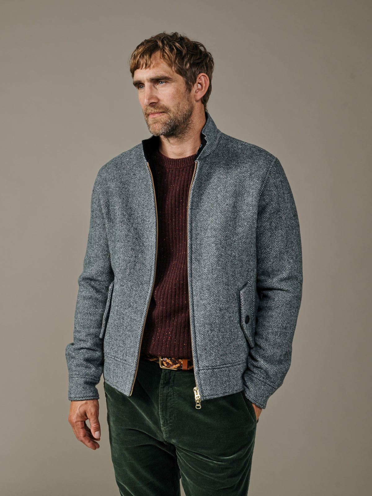 Aubin Grey Herringbone Sturton Wool Herringbone Harrington | Harrington