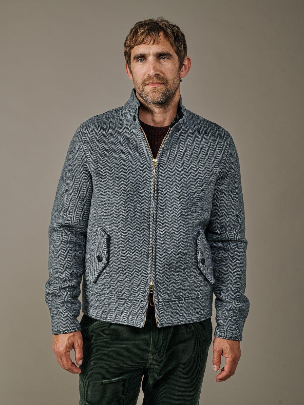 Aubin Grey Herringbone Sturton Wool Herringbone Harrington | Harrington